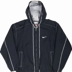 Comfort Design VINTAGE NIKE BIG SWOOSH BLACK HOODED WINDBREAKER JACKET 1990S LARGE
