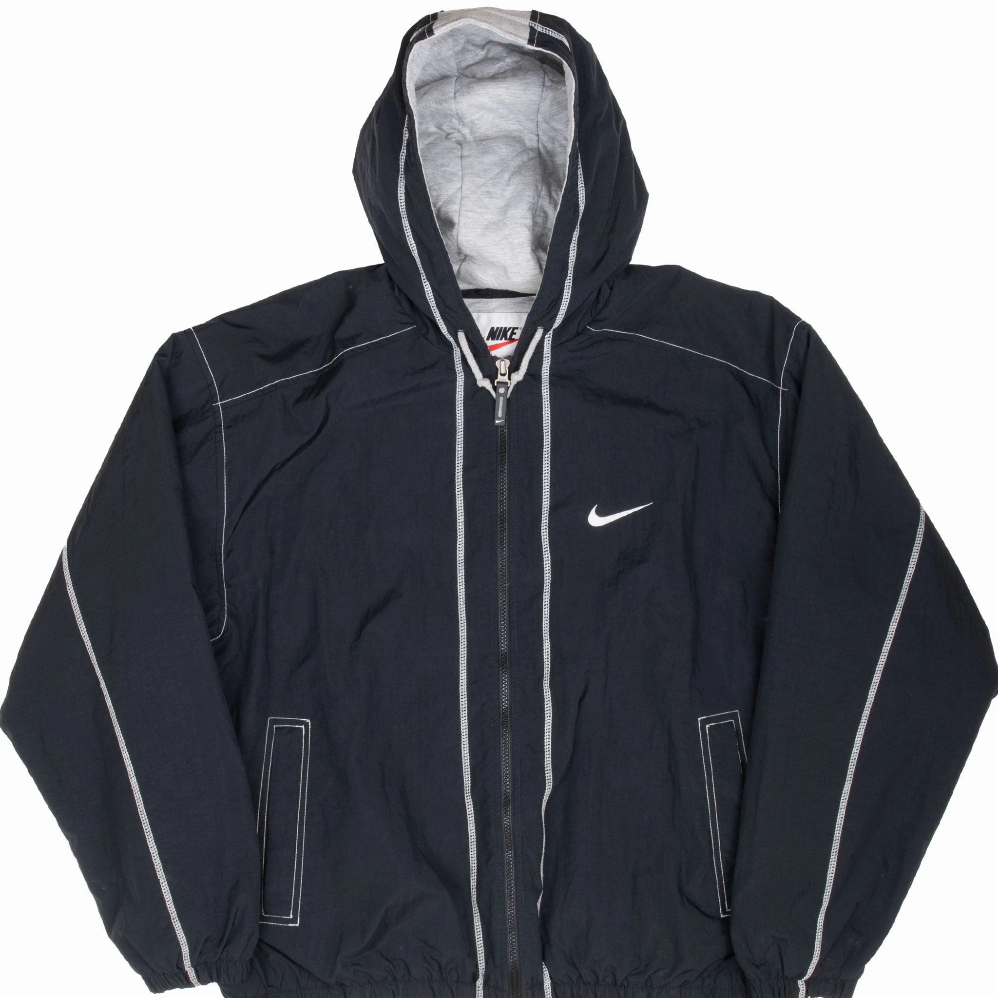 Comfort Design VINTAGE NIKE BIG SWOOSH BLACK HOODED WINDBREAKER JACKET 1990S LARGE