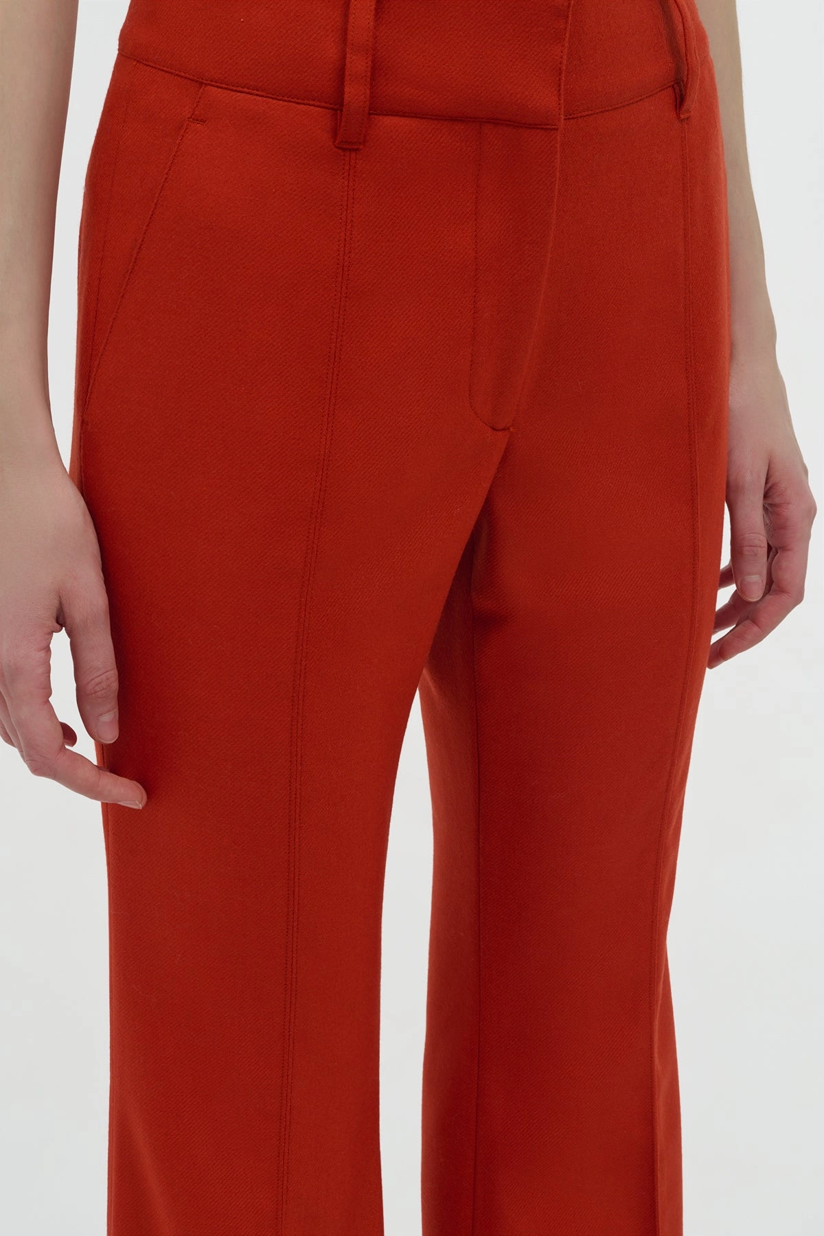 Embroidered Detail Effortless Style Rhein Flare Pant in Antelope Orange Wool Cashmere Flannel