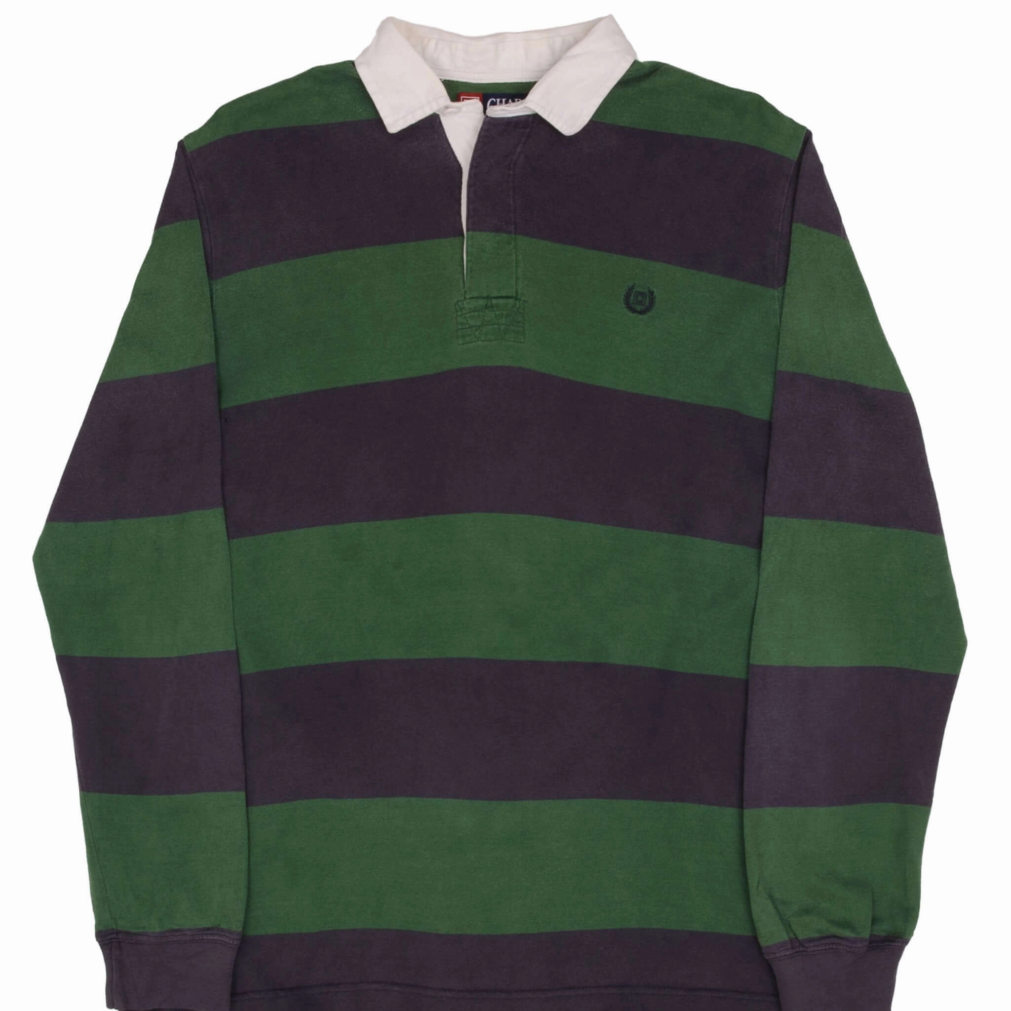 suitable for cycling appropriate for work VINTAGE CHAPS RALPH LAUREN BLUE & GREEN STRIPED RUGBY POLO SHIRT 1990S SMALL