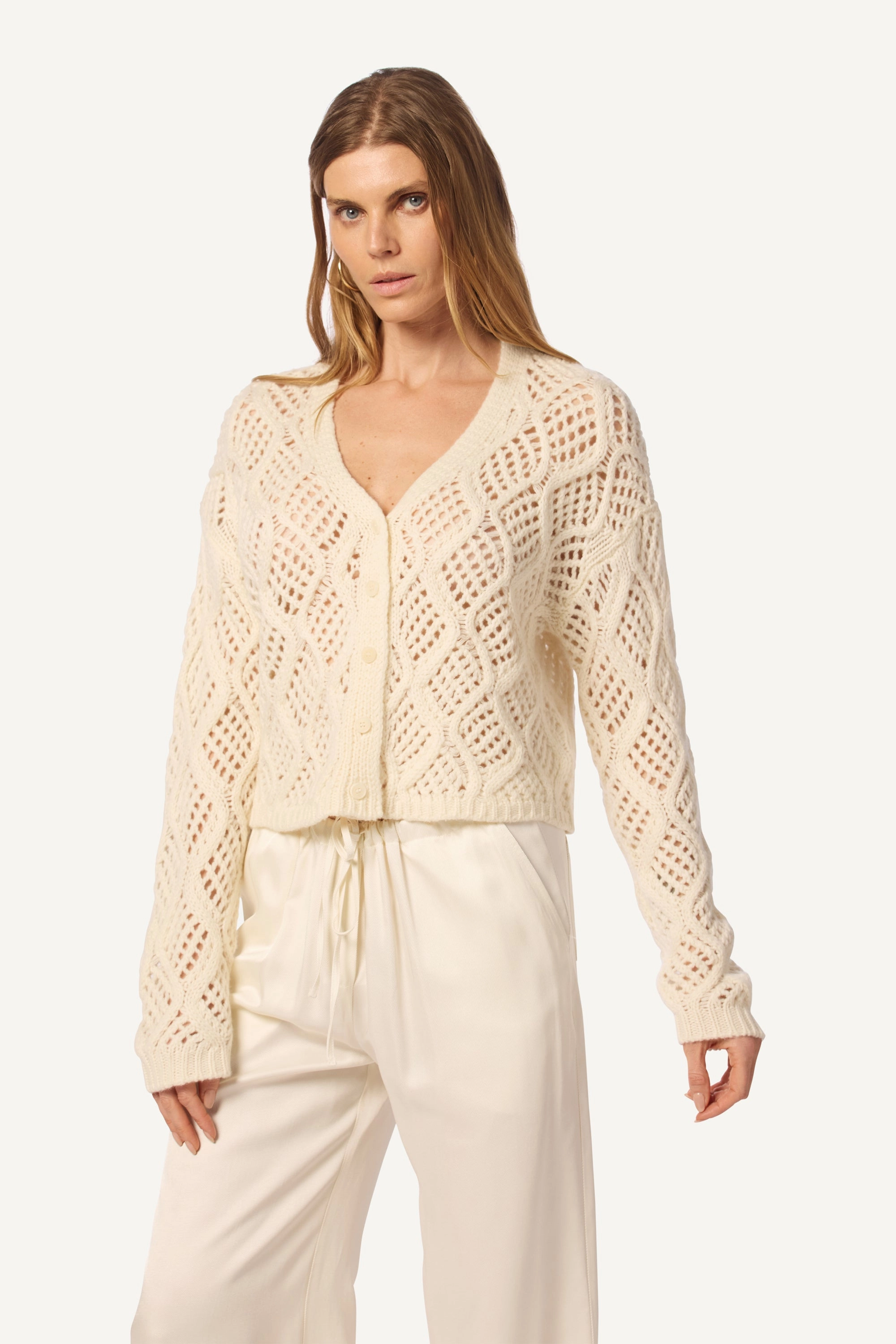 JOLIE V-NECK OPEN KNIT CROPPED CASHMERE CARDIGAN | GARDENIA Breathable Material Winter Comfort Layer