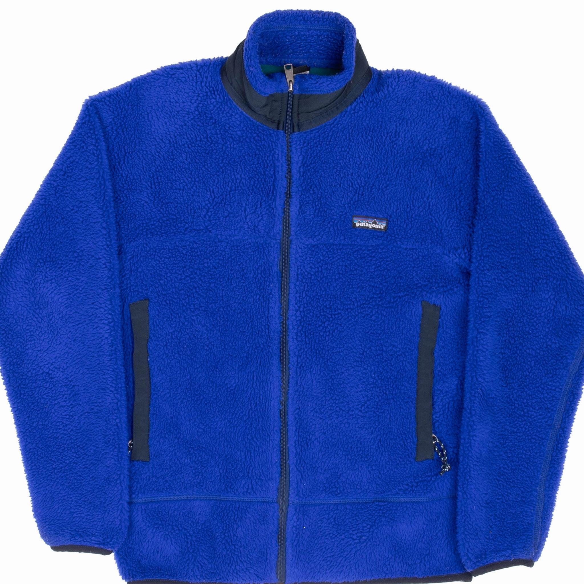 VINTAGE PATAGONIA BLUE RETRO-X DEEP PILE 1990S FLEECE JACKET MEDIUM MADE IN USA waist length QuickDryFabric