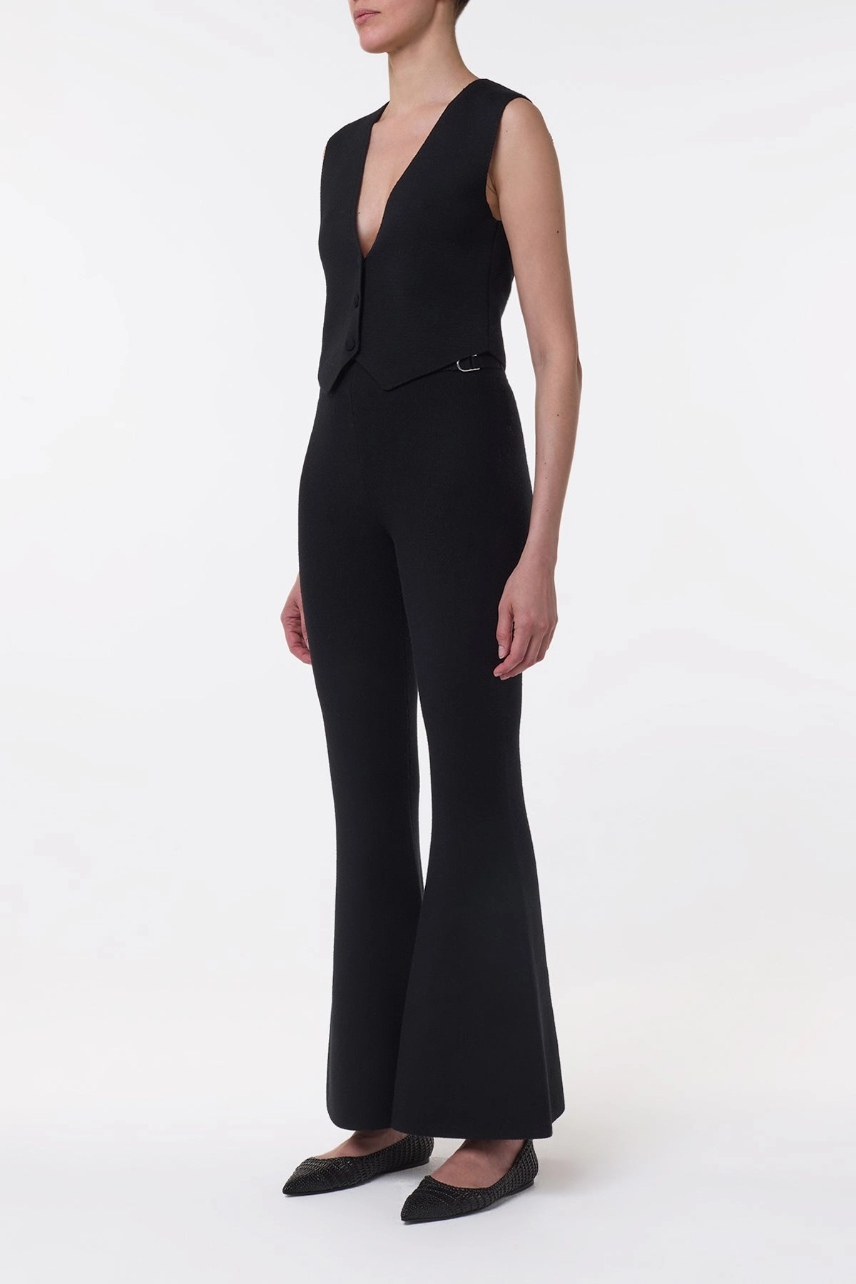 Stain Resistant Back pockets Ayala Flare Cropped Knit Pant in Black Merino Wool Cashmere
