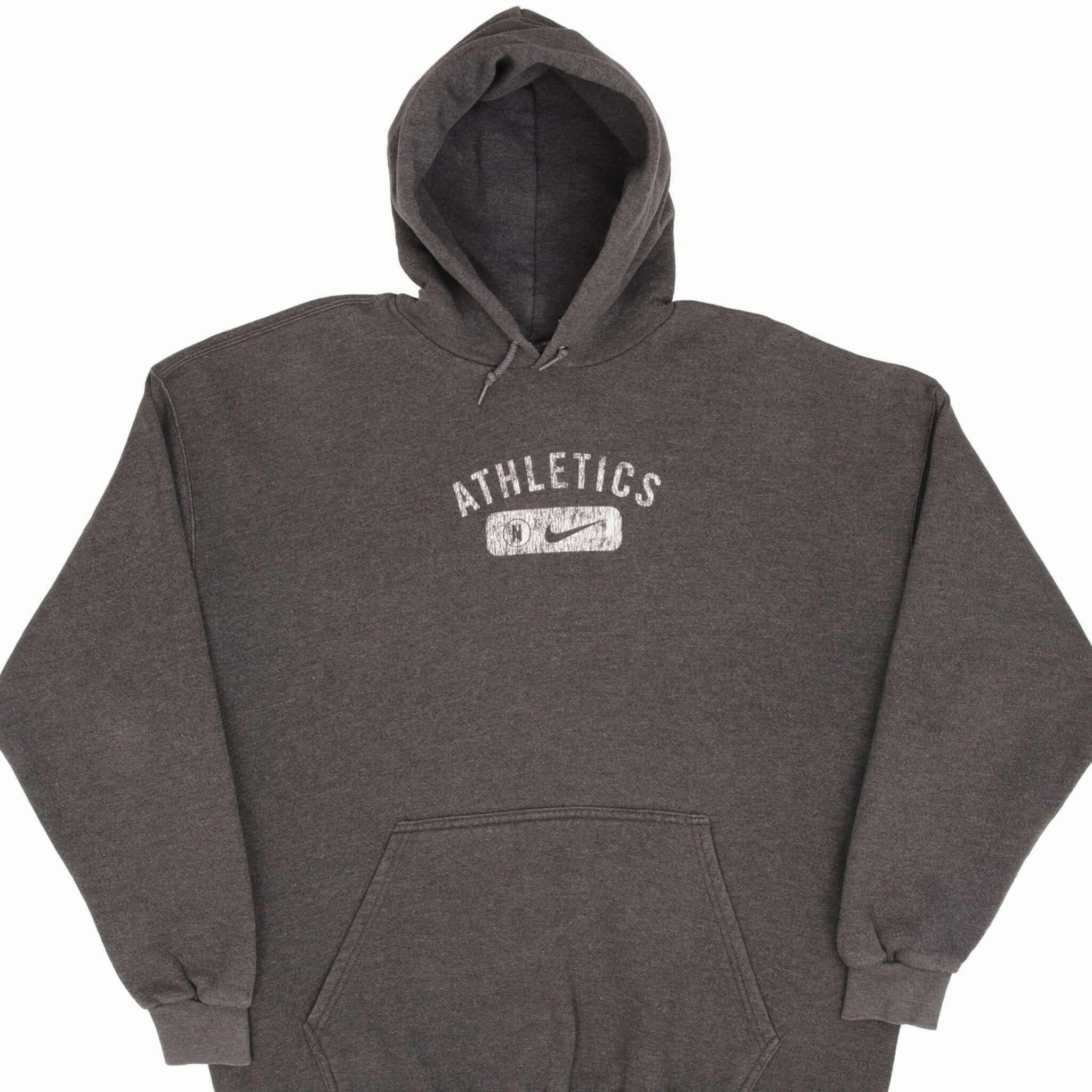 VINTAGE NIKE ATHLETICS DARK GREY HOODIE SWEATSHIRT 1990S SIZE 2XL MADE IN USA sock accents