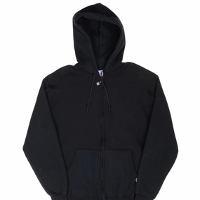 VINTAGE RUSSELL ATHLETIC BLANK BLACK ZIP HOODIE SWEATSHIRT 1990S LARGE MADE USA Classic Relaxed