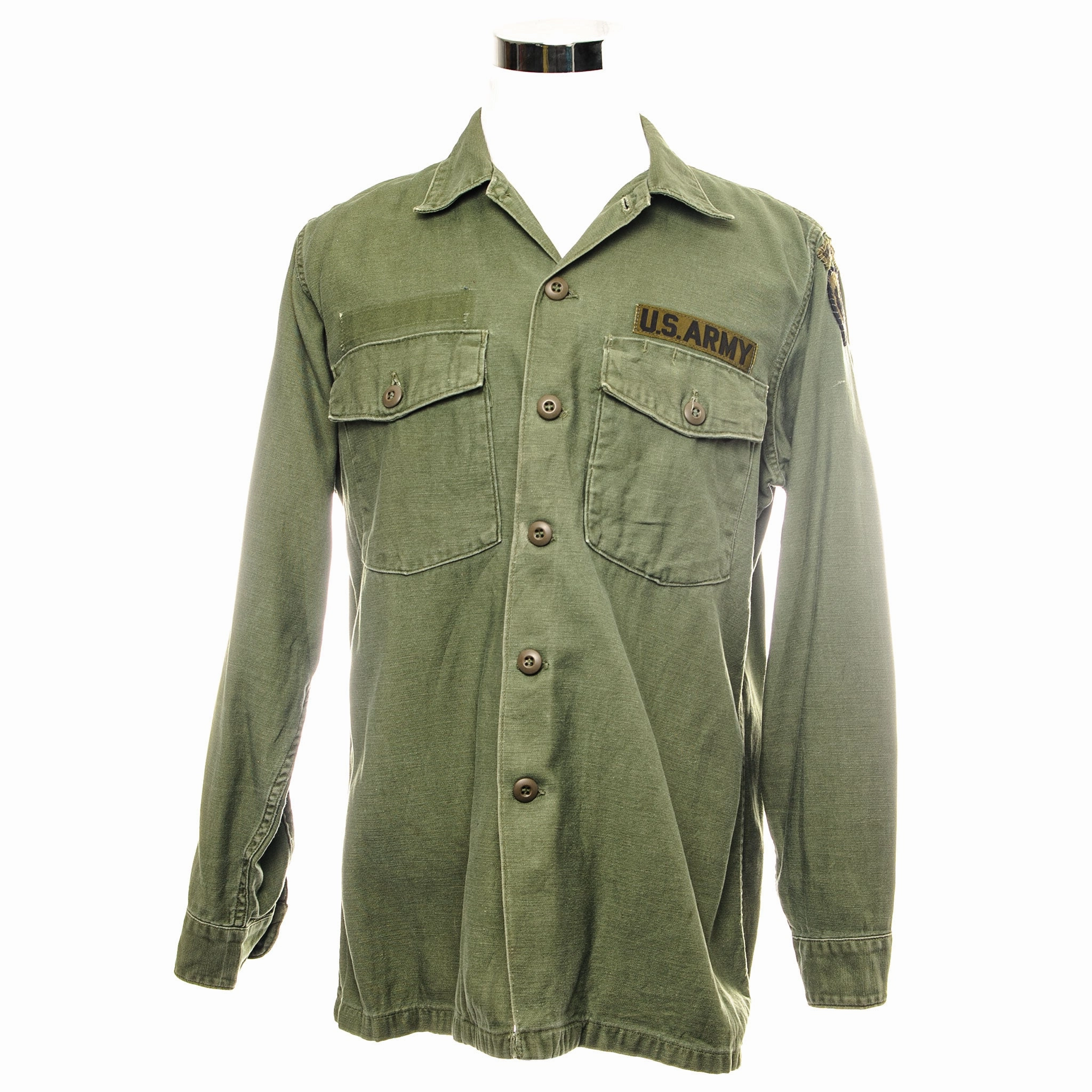 Cozy Chic Errand Ready US ARMY UTILITY SHIRT P64 1969 AVIATION CENTER PRIMARY HELICOPTER PATCHED SIZE 16 1/2 X 34