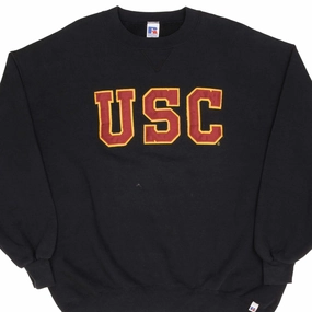 teens' VINTAGE USC RUSSELL BLACK CREWNECK SWEATSHIRT 1990S SIZE 2XL MADE IN USA