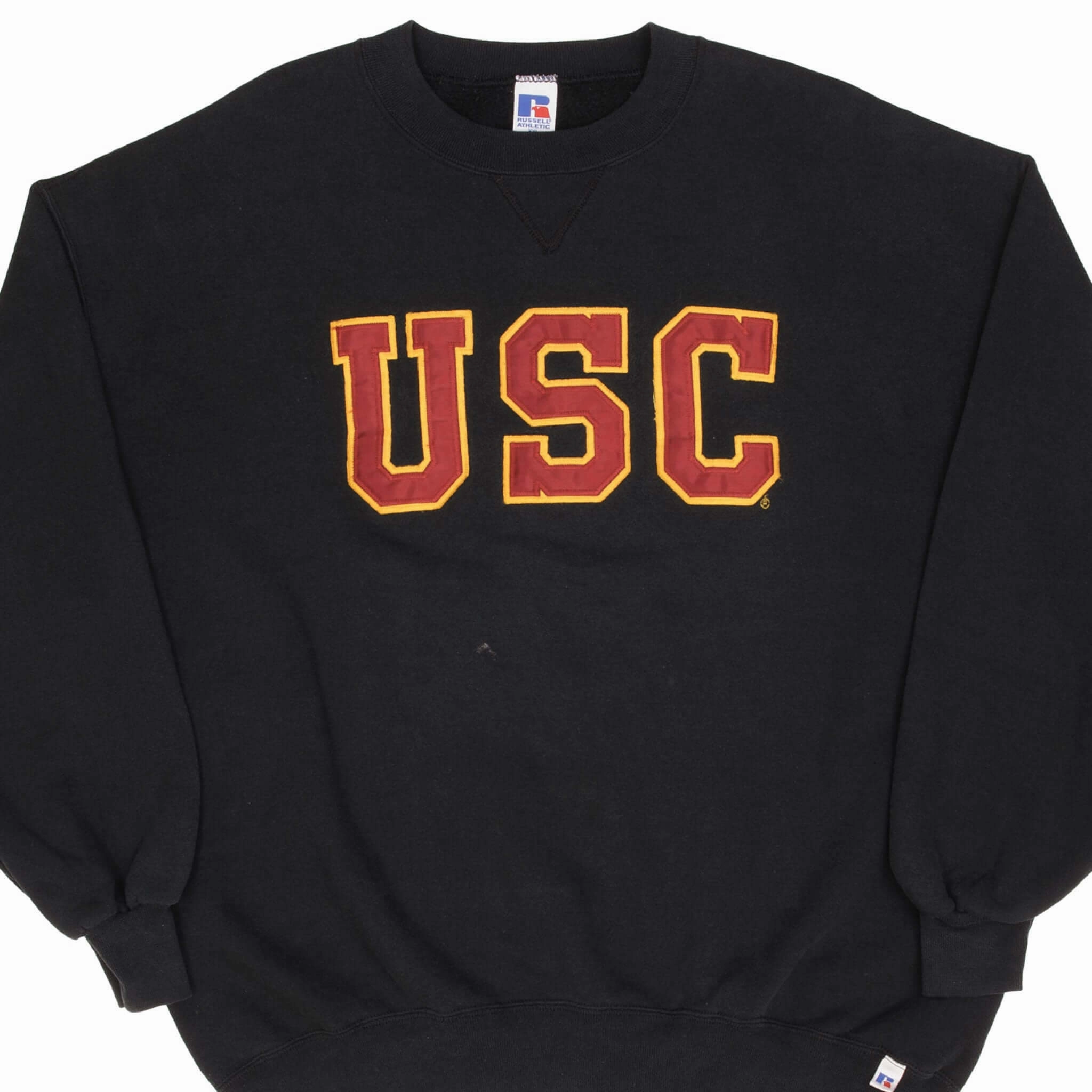 teens' VINTAGE USC RUSSELL BLACK CREWNECK SWEATSHIRT 1990S SIZE 2XL MADE IN USA