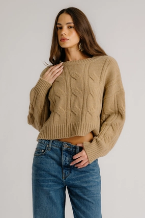 Cozy All-Day Casual Style Wear TRISTAN CASHMERE CREWNECK CABLE KNIT PULLOVER | CAMEL