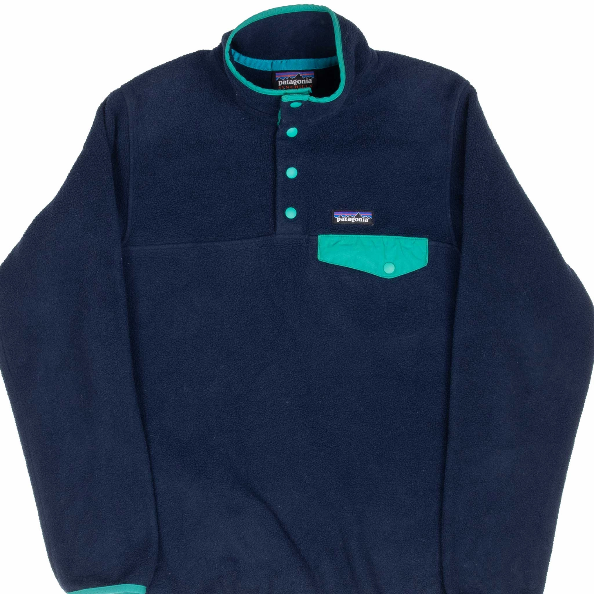 VINTAGE PATAGONIA BLUE SYNCHILLA SNAP T FLEECE PULLOVER JACKET 2000S XS Foldable Collar Design