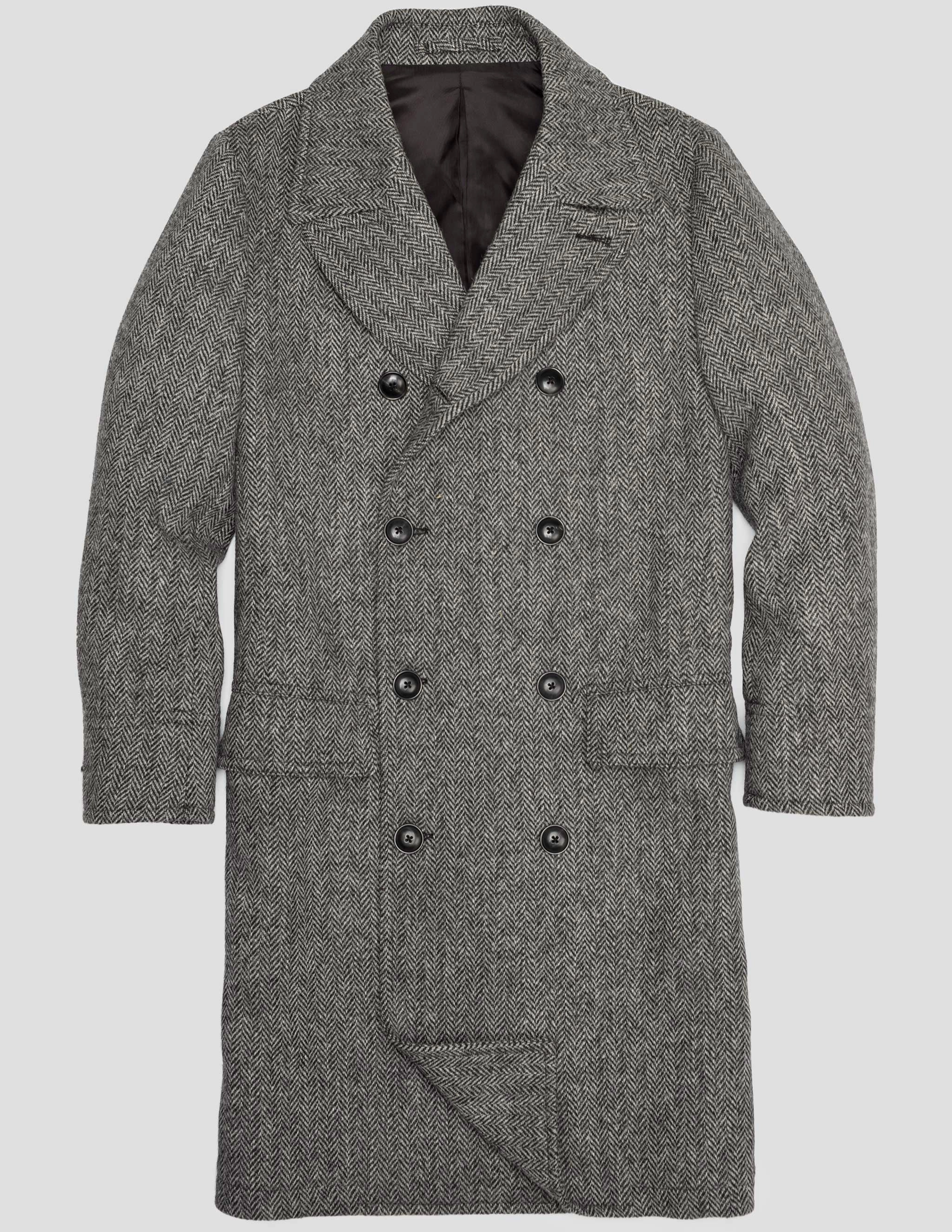 Harris Tweed Herringbone Double Breasted Topcoat Casual Classic