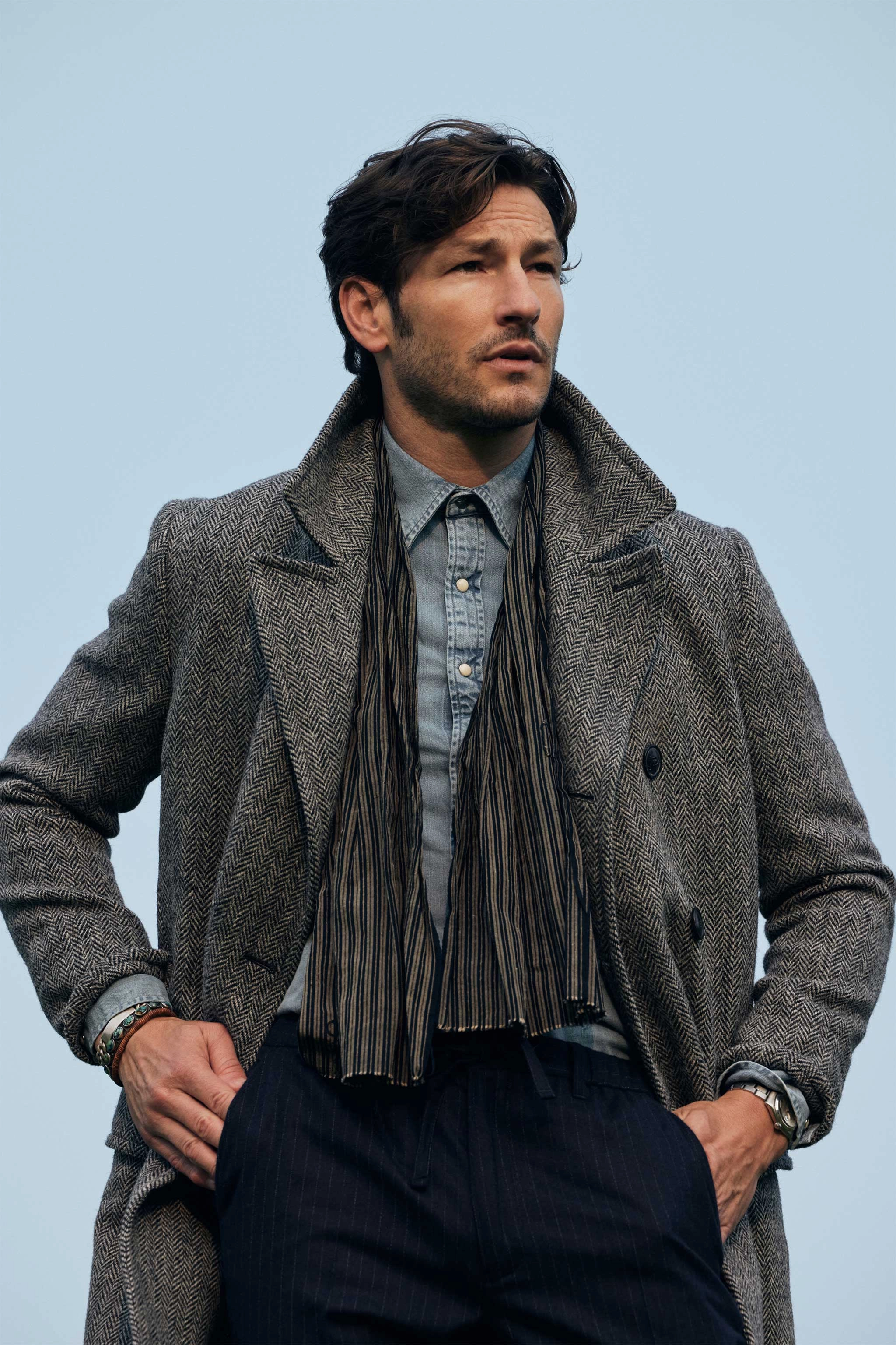 Flat Lock Stitching Harris Tweed Herringbone Double Breasted Topcoat