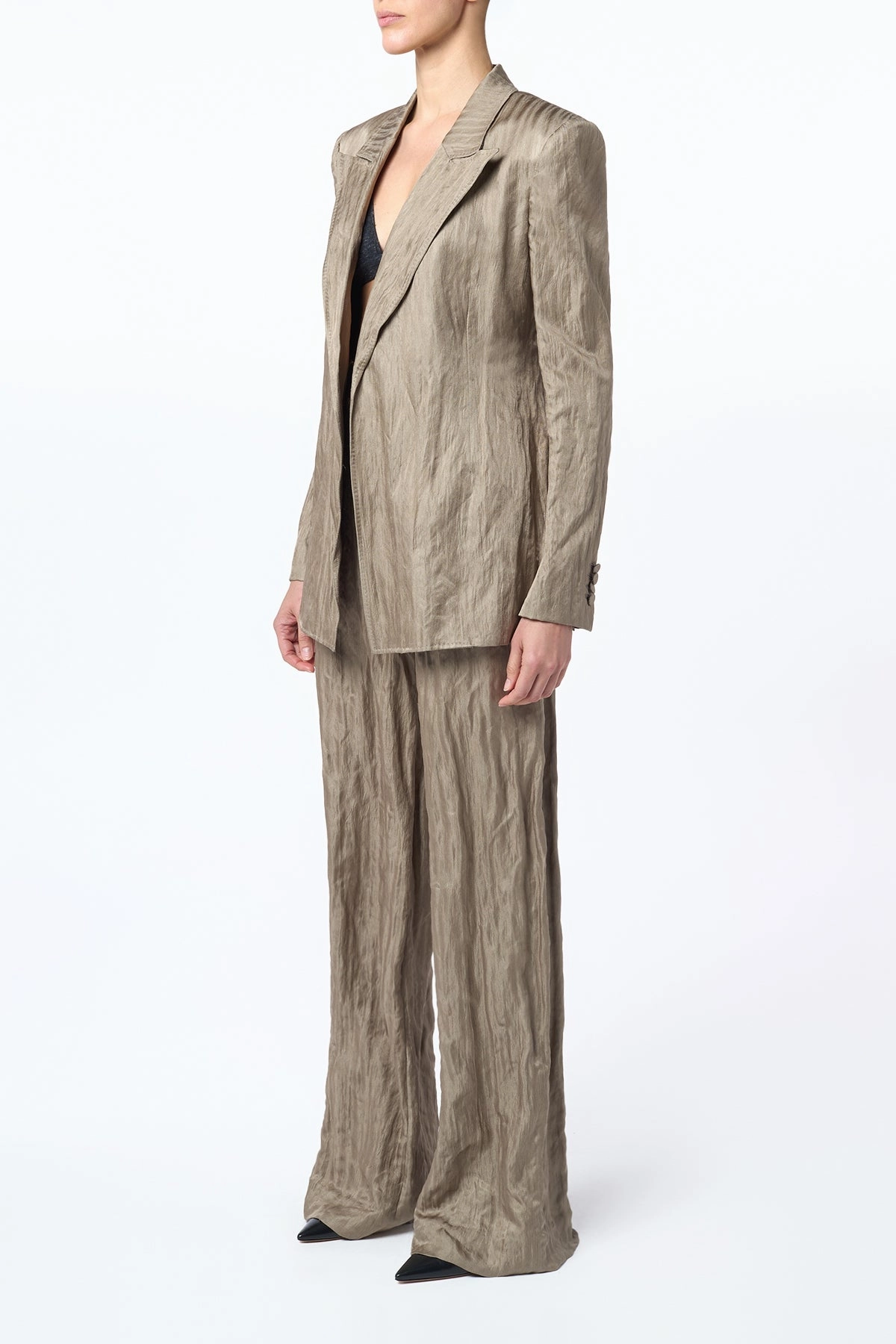 Norman Wide-Leg Pant in Gunmetal Metallic Crinkled Silk Layer Comfort Smart Utility