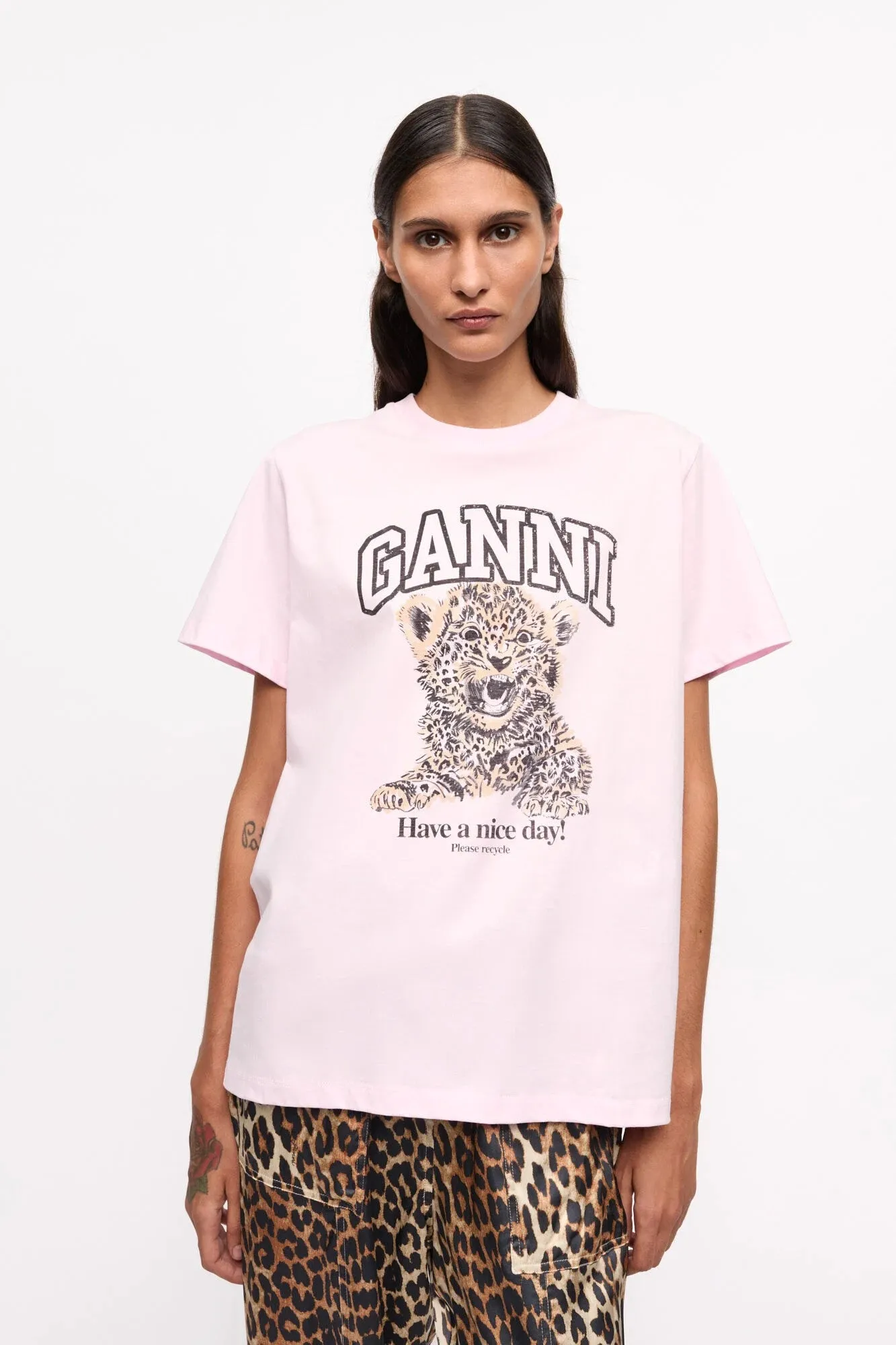 Fashionable Ease Pink Basic Jersey Leopard Relaxed T-shirt