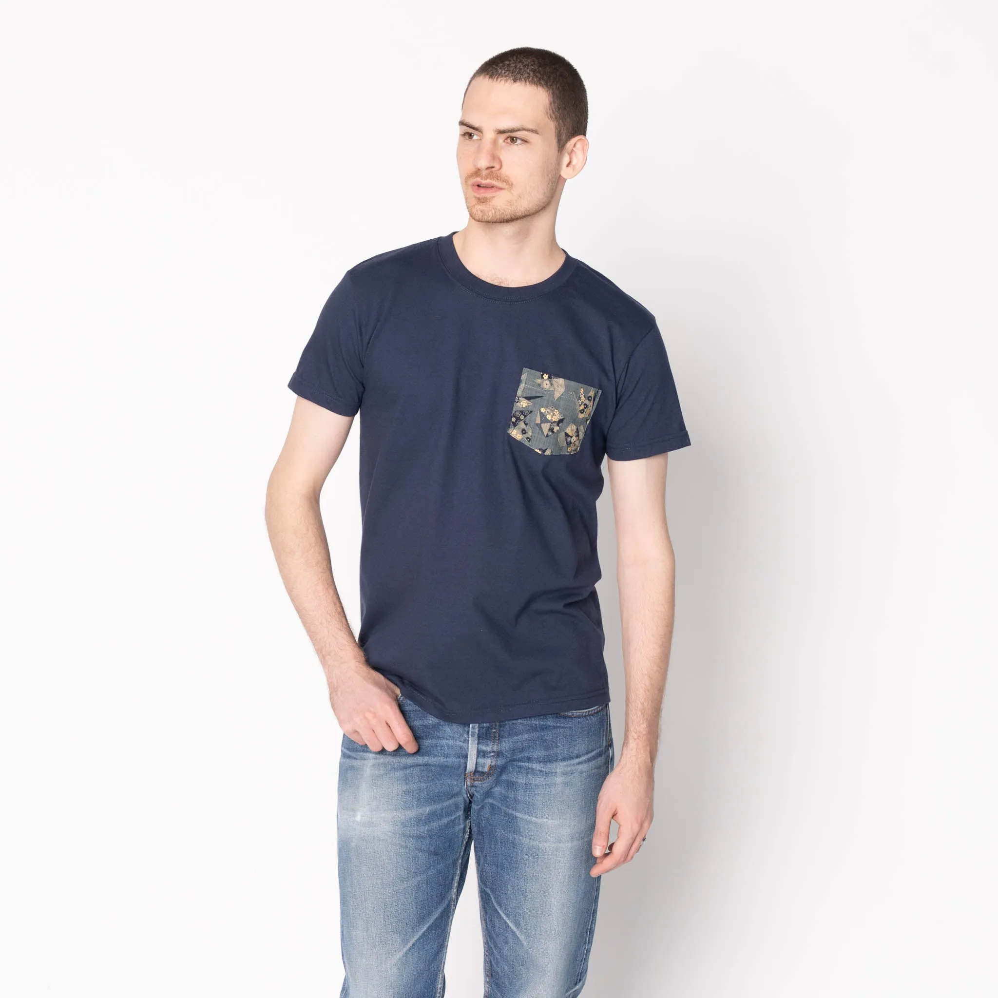 Pocket Tee - Navy - Origami Poplin - Blue Flexible Ribbed Neckline