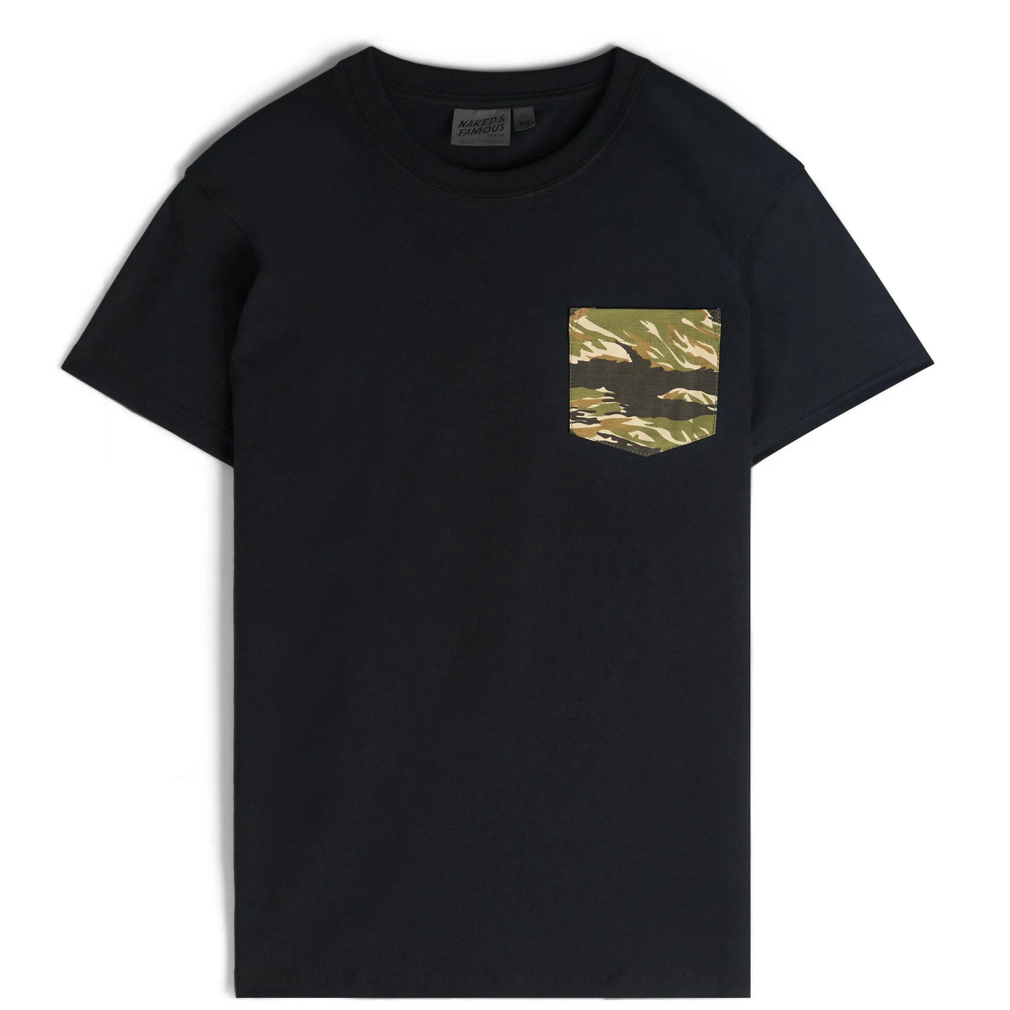Basic Layering Circular Knit Construction Pocket Tee - Black   Tiger Camo