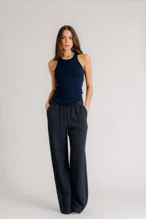 BRYNN PINSTRIPED HIGH RISE PULL ON WIDE LEG PANT | MIDNIGHT NAVY Fit For Movement Smart Casual