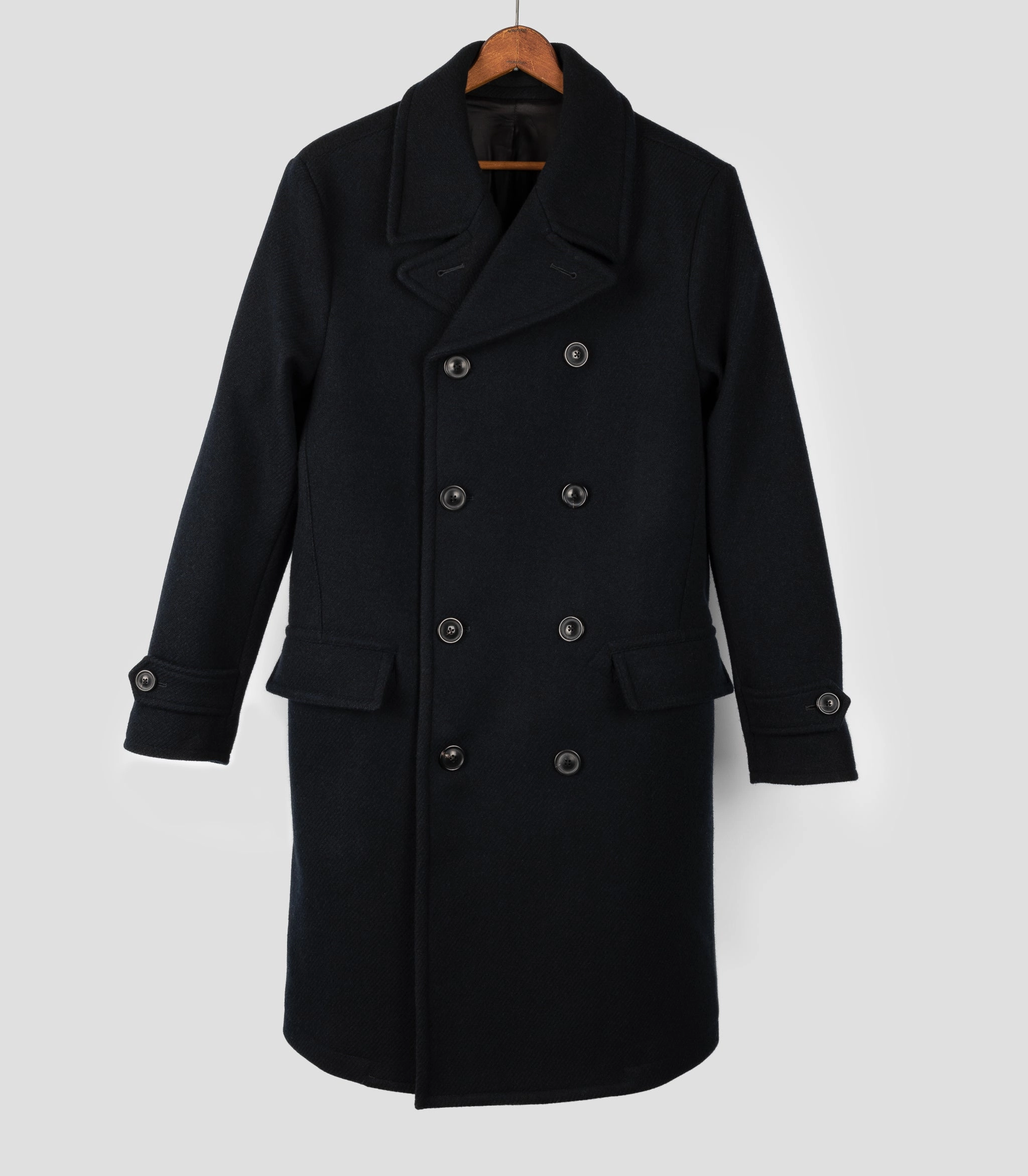 Somerset Double Breasted Officer's Greatcoat in Fox Bros Wool Mid Length Cut