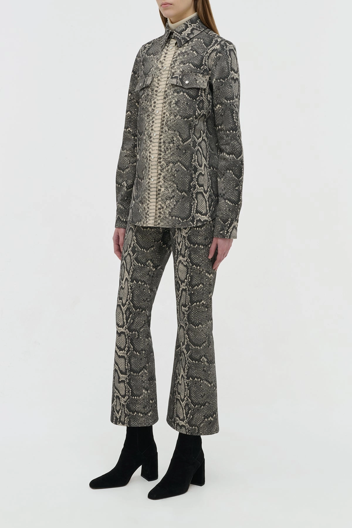 Sporty Appeal Comfy All-Day Ezra Bootcut Cropped Jean in Greyscale Recycled Printed Cotton Denim