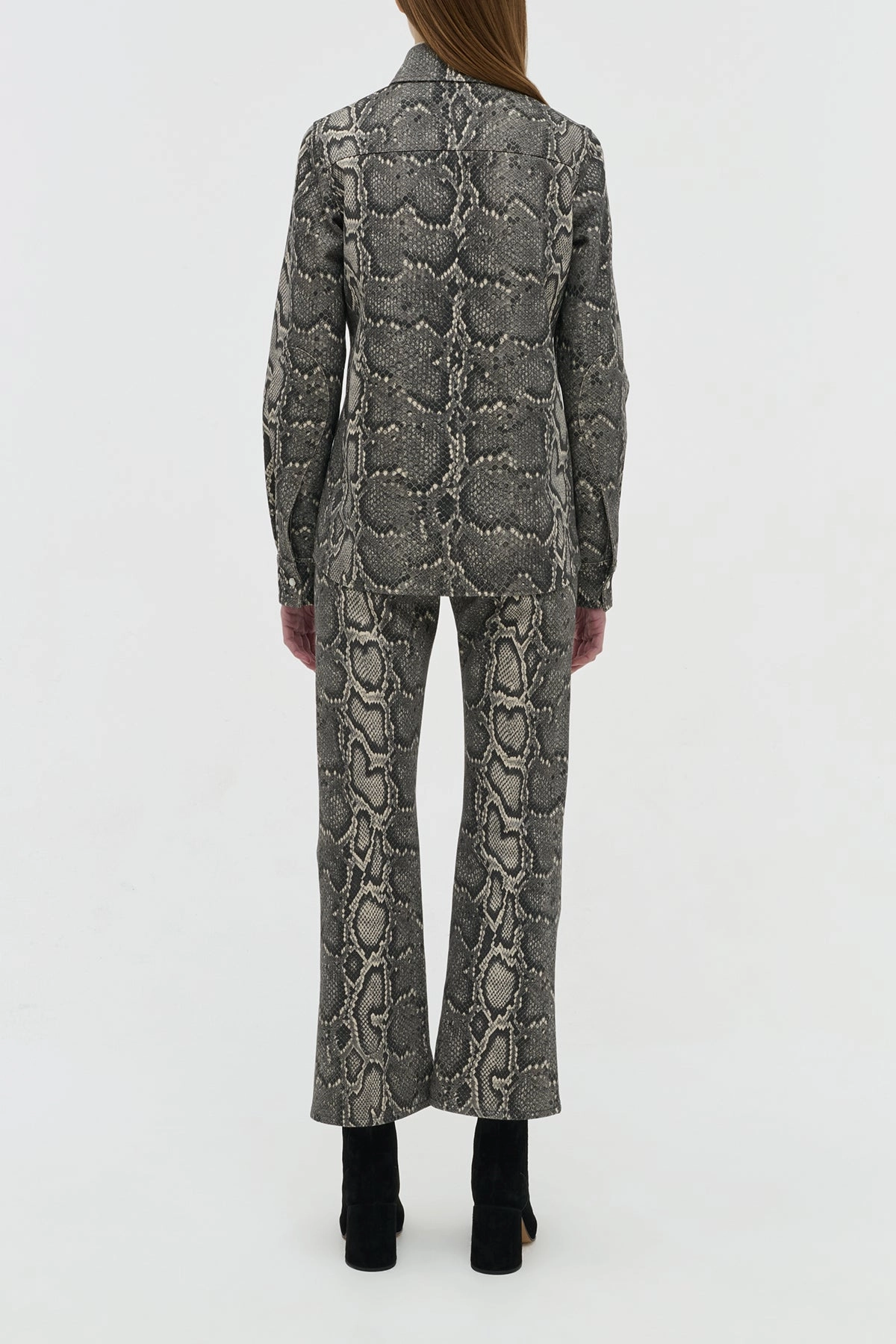 Essential Waist Blackout fabric Ezra Bootcut Cropped Jean in Greyscale Recycled Printed Cotton Denim