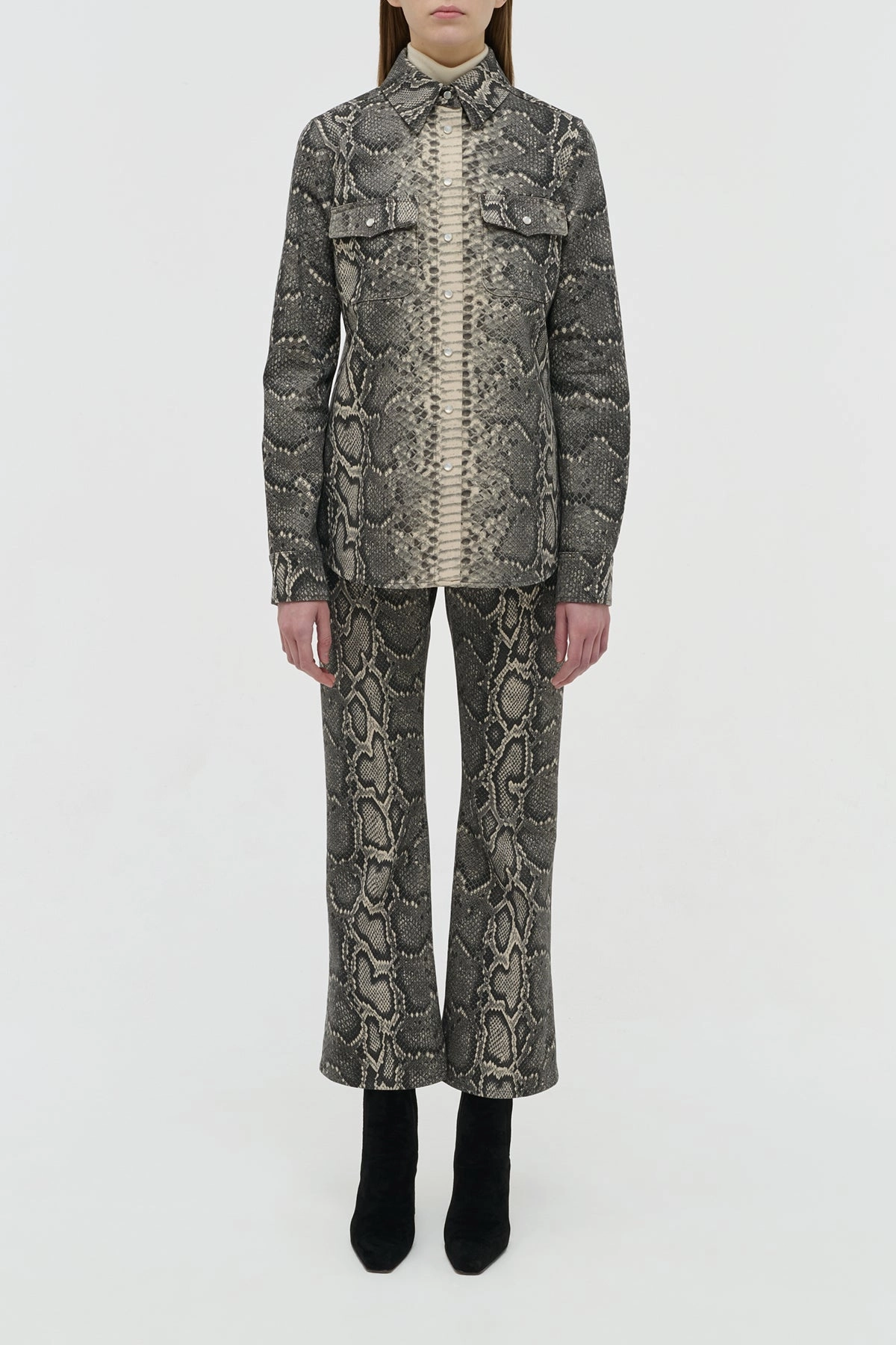 Multi Use Tough Stretch Ezra Bootcut Cropped Jean in Greyscale Recycled Printed Cotton Denim