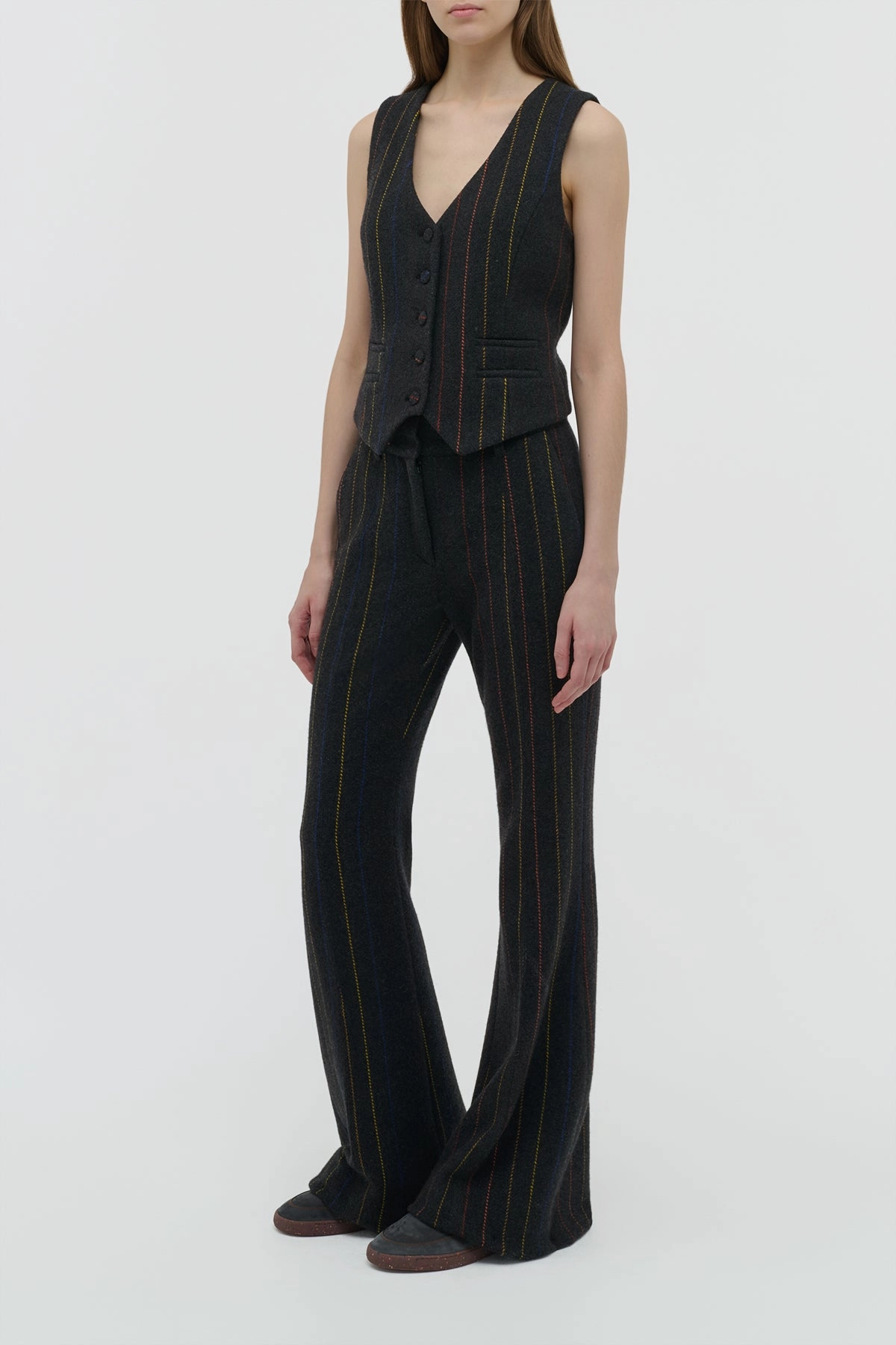 Rhein Flare Pant in Charcoal Multi Pinstripe Wool Cashmere Linen blend