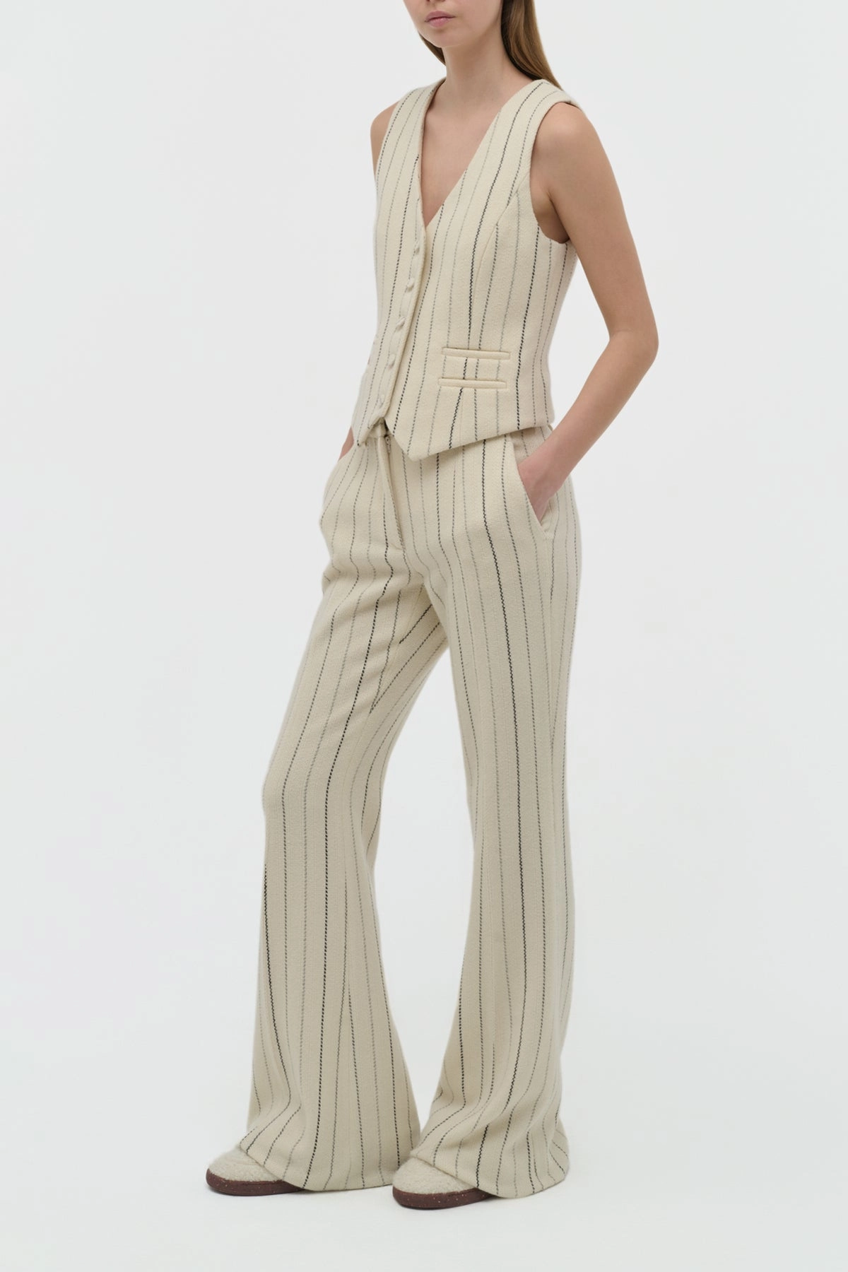 Adjustable Closure Rhein Flare Pant in Ivory Multi Pinstripe Wool Cashmere