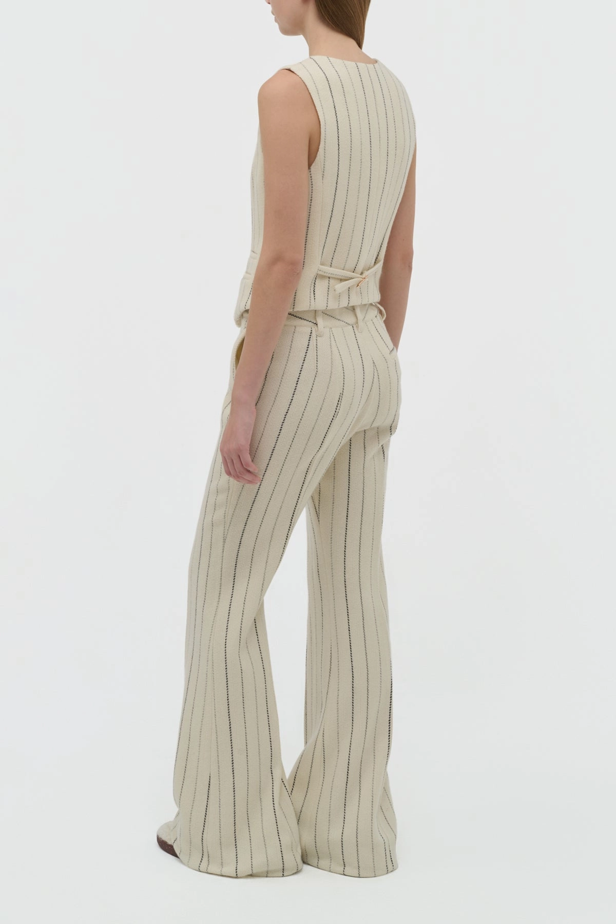 Lightweight Fabric Fashionable Appeal Rhein Flare Pant in Ivory Multi Pinstripe Wool Cashmere