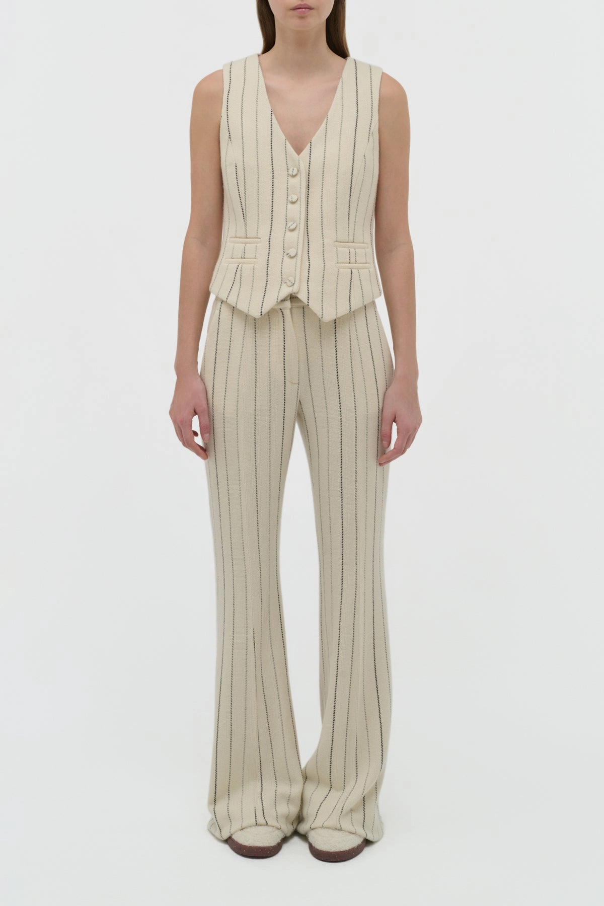 Rhein Flare Pant in Ivory Multi Pinstripe Wool Cashmere Snag Proof Fabric Quick Change
