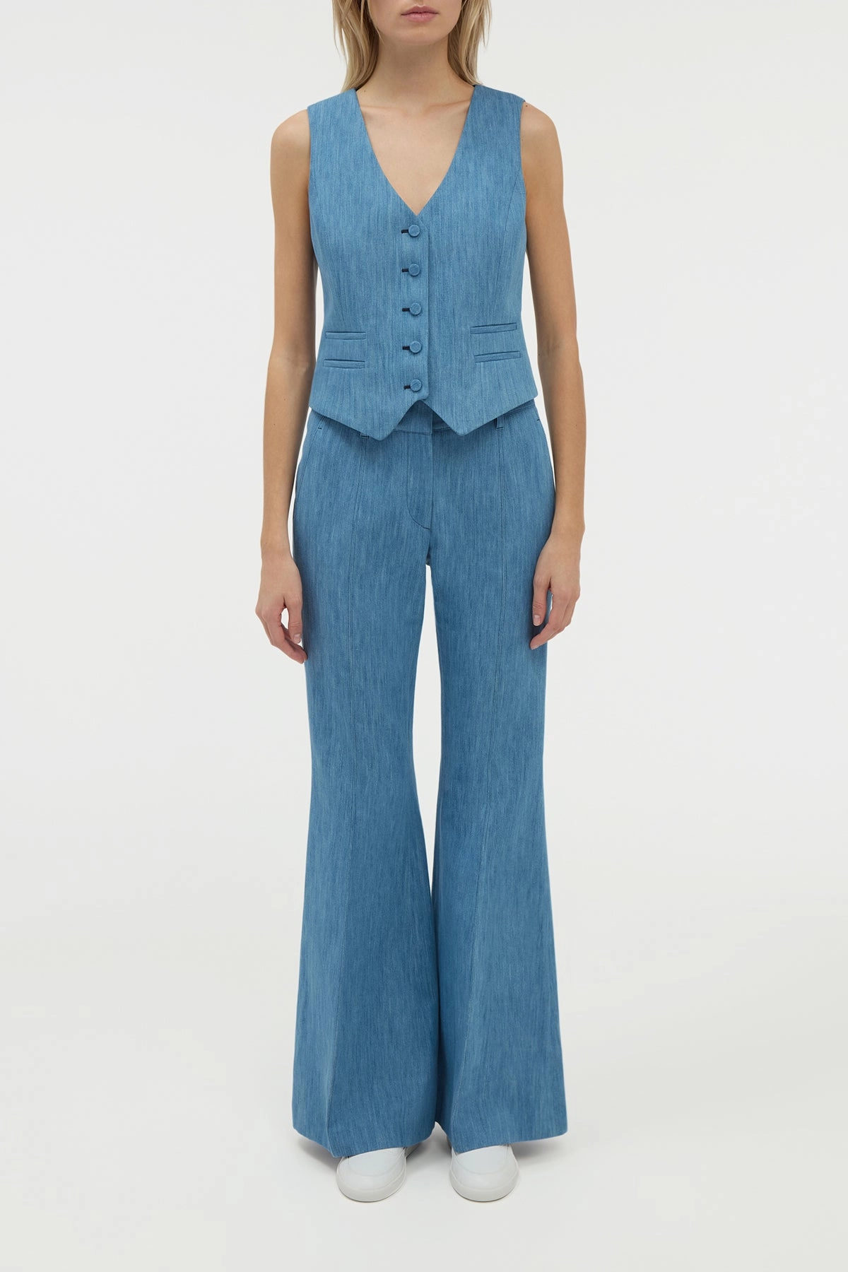 Laser Cut Perforations Rhein Flare Pant in Medium Blue Recycled Cotton Linen Denim