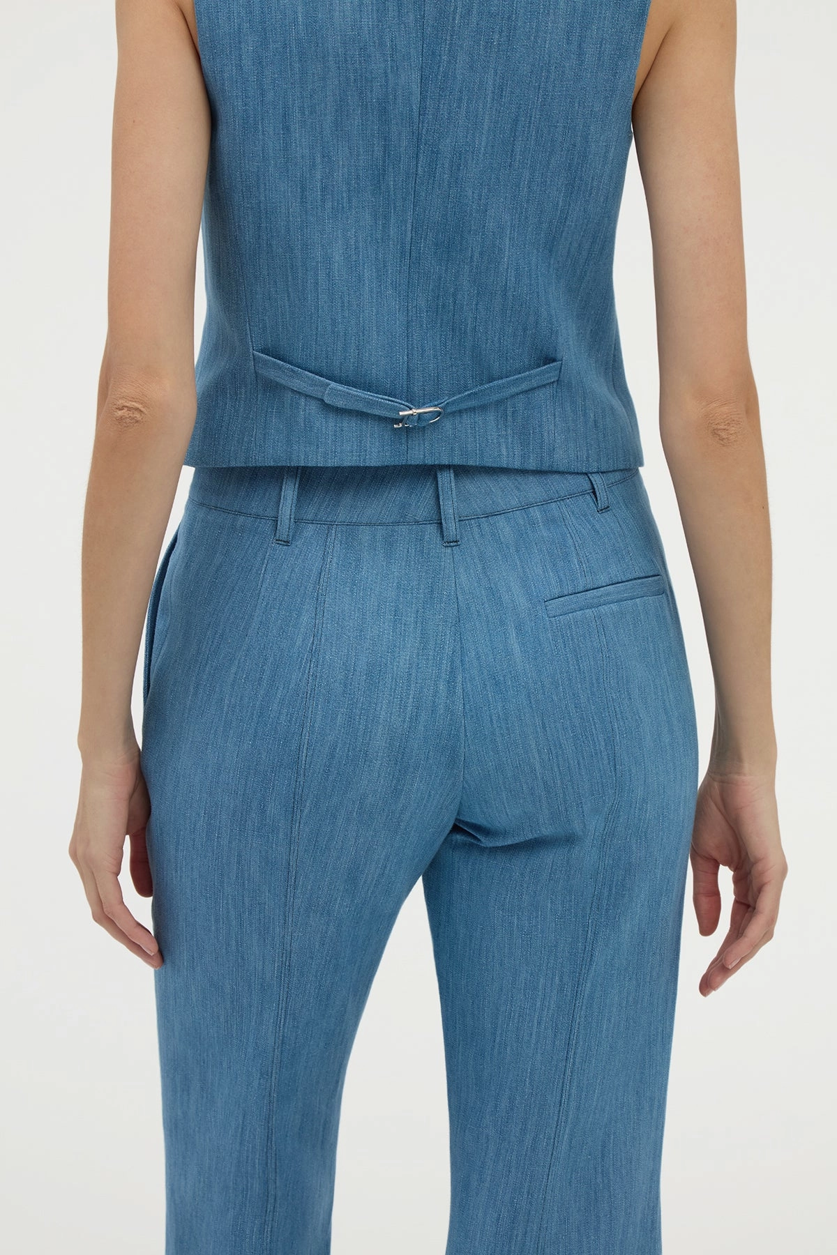 Light Fabric Contrast Trim Rhein Flare Pant in Medium Blue Recycled Cotton Linen Denim