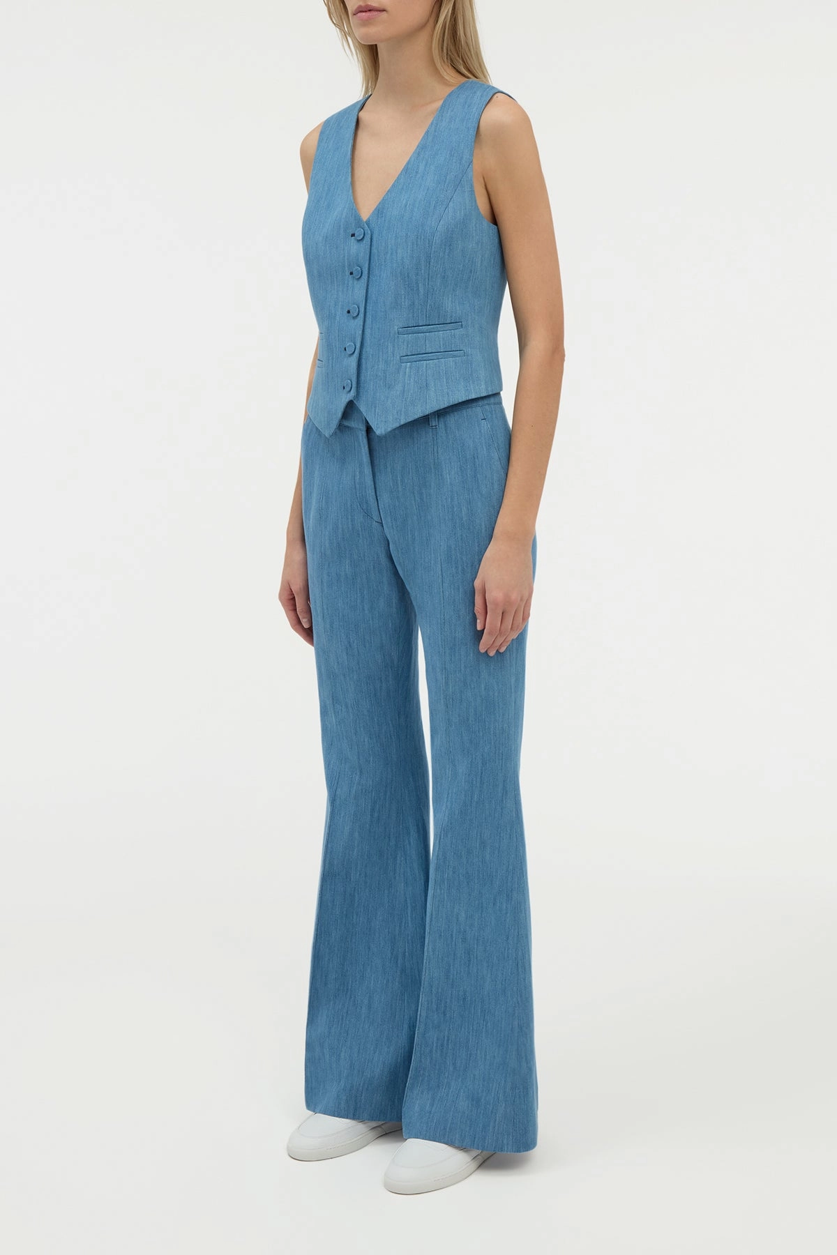 Rhein Flare Pant in Medium Blue Recycled Cotton Linen Denim Flexibility Built-In
