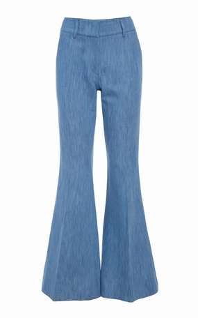 Fashionable Appeal Versatile Layer Rhein Flare Pant in Medium Blue Recycled Cotton Linen Denim