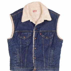 VINTAGE LEVIS SHERPA TRUCKER DENIM SLEEVELESS JACKET 1980S LARGE MADE IN USA Rugged Style Purse