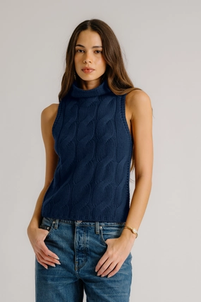 Reinforced Shoulder Seams SALVIA SLEEVELESS CASHMERE CABLE TURTLENECK | MIDNIGHT NAVY