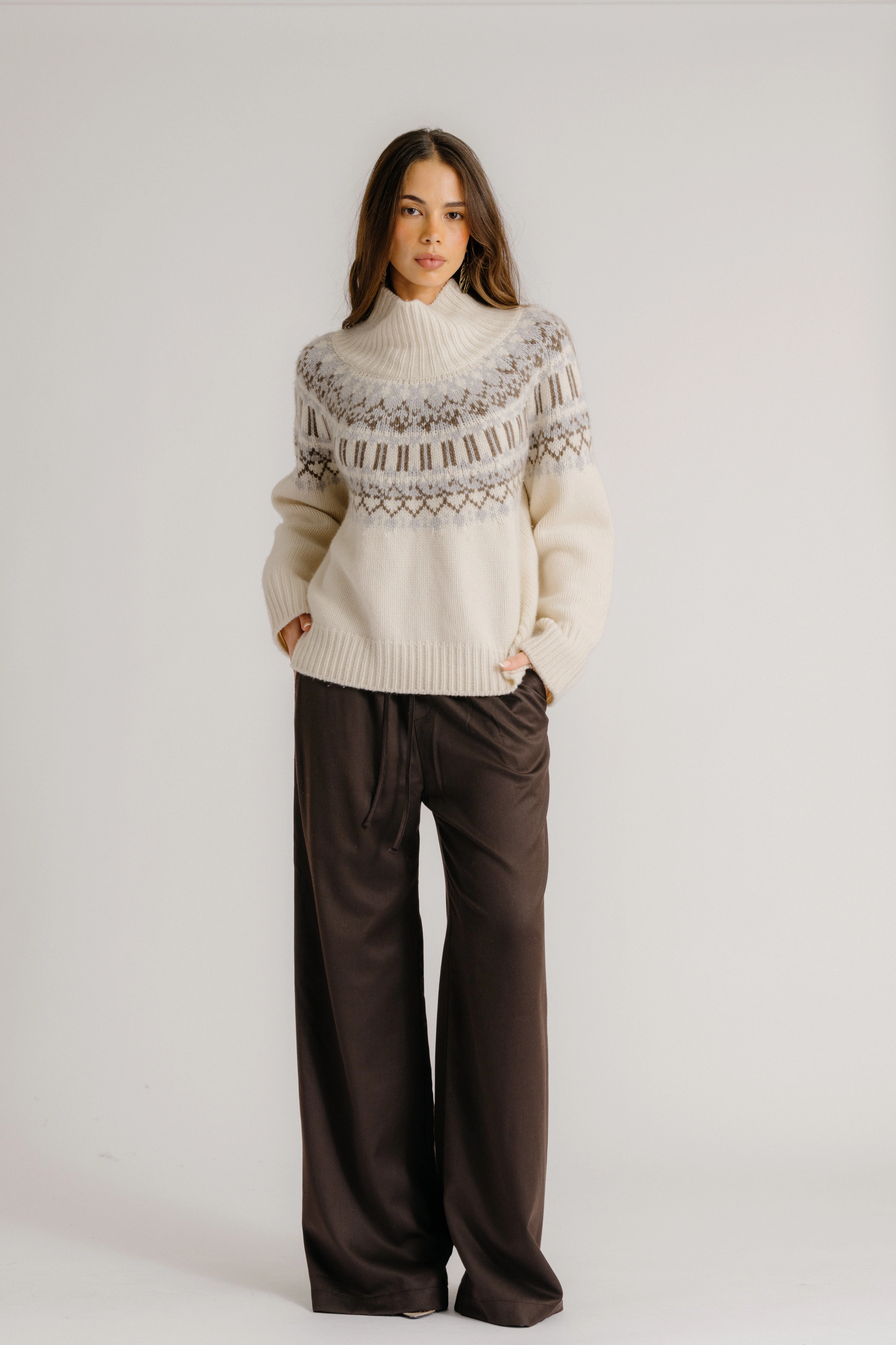 Casual Comfort Wear SCOTTIE SLOUCHY FAIR ISLE CASHMERE MOCK NECK  | GARDENIA FAIR ISLE