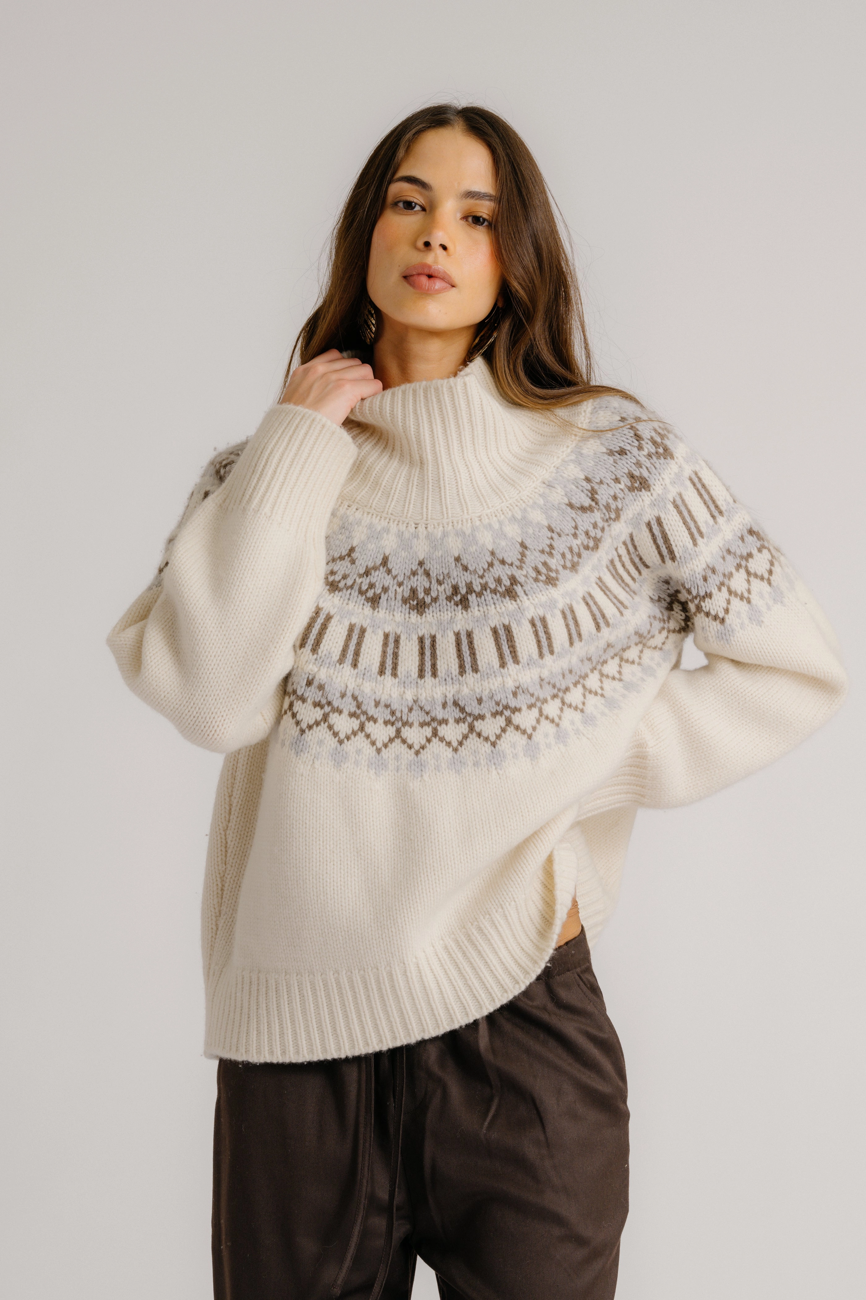 Casual Wear SCOTTIE SLOUCHY FAIR ISLE CASHMERE MOCK NECK  | GARDENIA FAIR ISLE