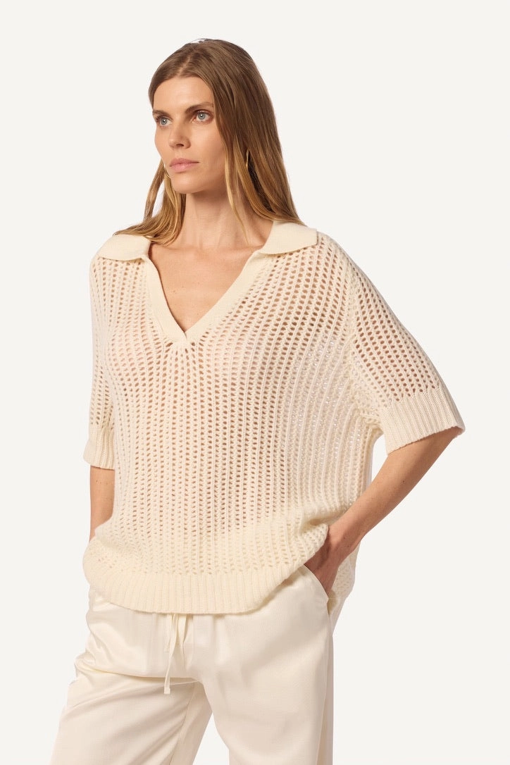 SHALOM RELAXED SPLIT NECK CASHMERE POLO | GARDENIA Biodegradable Fiber Options