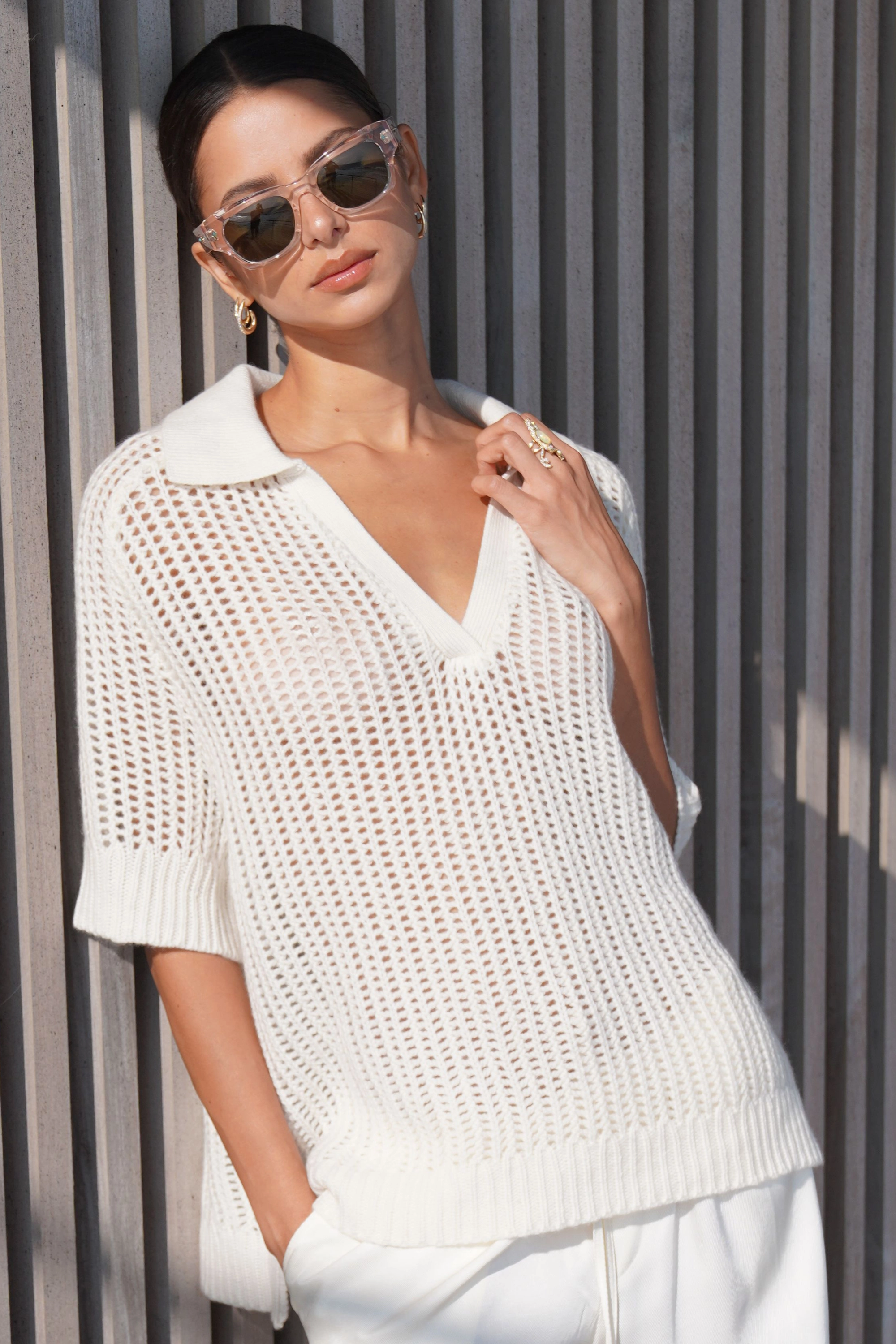 Cozy & Soft Seasonal Warmth SHALOM RELAXED SPLIT NECK CASHMERE POLO | GARDENIA