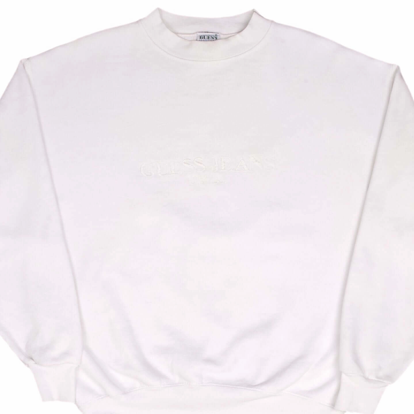 VINTAGE GUESS JEANS EMBROIDERED WHITE SWEATSHIRT 1990S SIZE SMALL MADE IN USA Tall