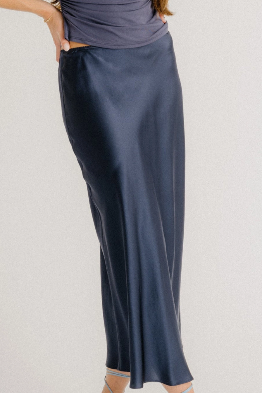 Slip Resistant Waist Tapered Cut MIRANDA TRIM BIAS CUT PULL ON SILK  SKIRT | MIDNIGHT NAVY