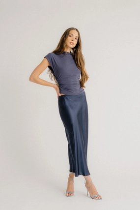 Full Circle Clean Style MIRANDA TRIM BIAS CUT PULL ON SILK  SKIRT | MIDNIGHT NAVY