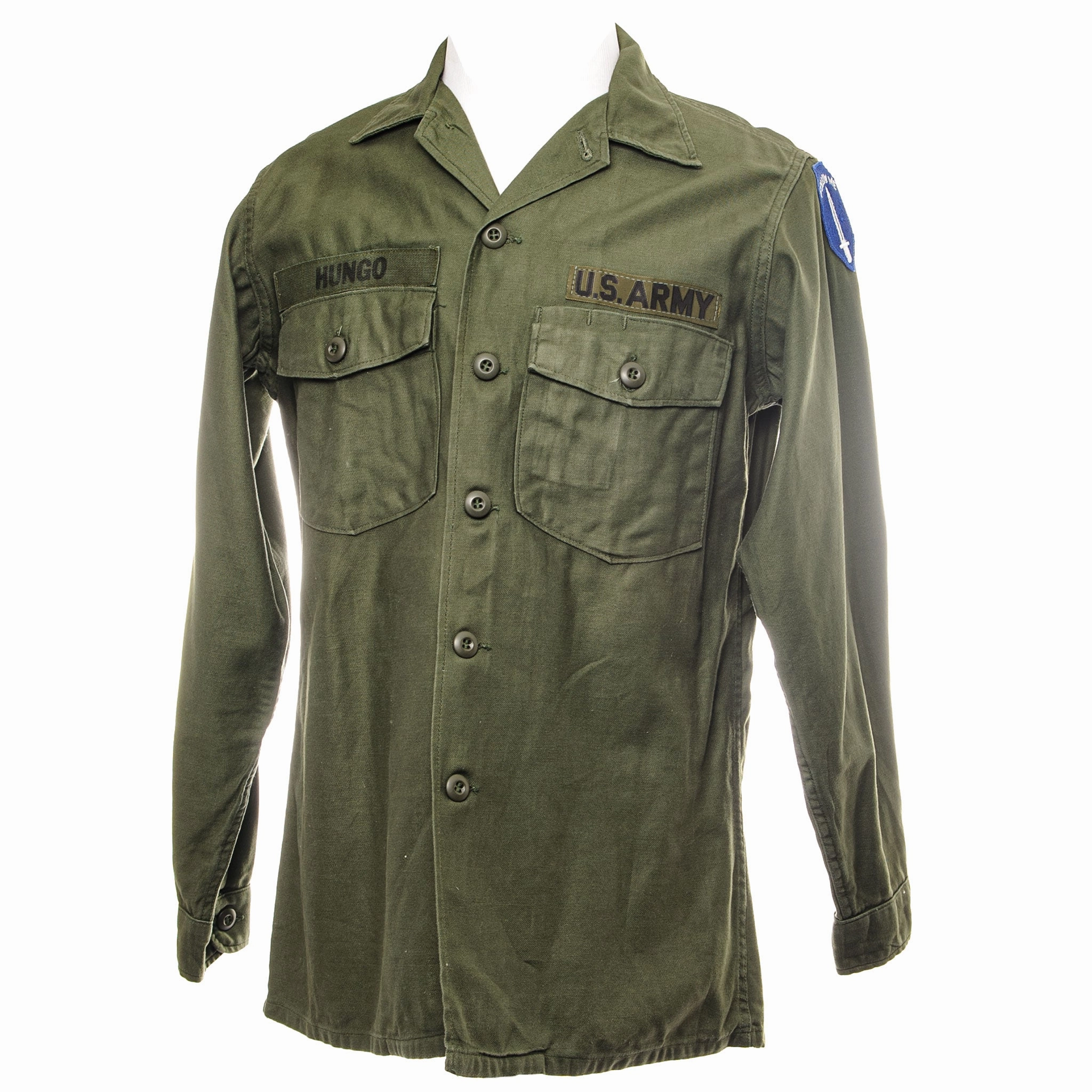 VINTAGE US ARMY UTILITY SHIRT P-64 P64 1968 PATCHED  SIZE 15 1/2 x 33 Ombre Classic Chic