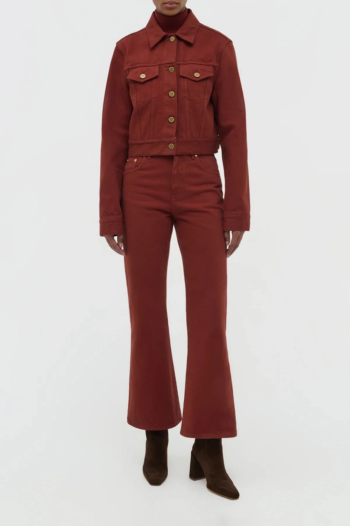 Ezra Bootcut Cropped Jean in Burnt Sienna Recycled Cotton Denim Printed design Chilly Wear