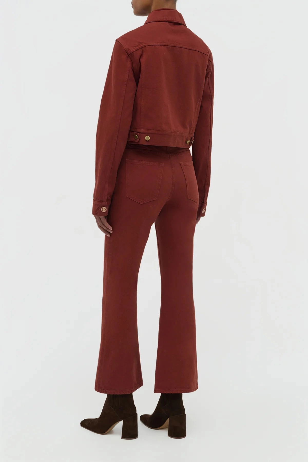 Ezra Bootcut Cropped Jean in Burnt Sienna Recycled Cotton Denim Tear Resistant Design Windproof coating