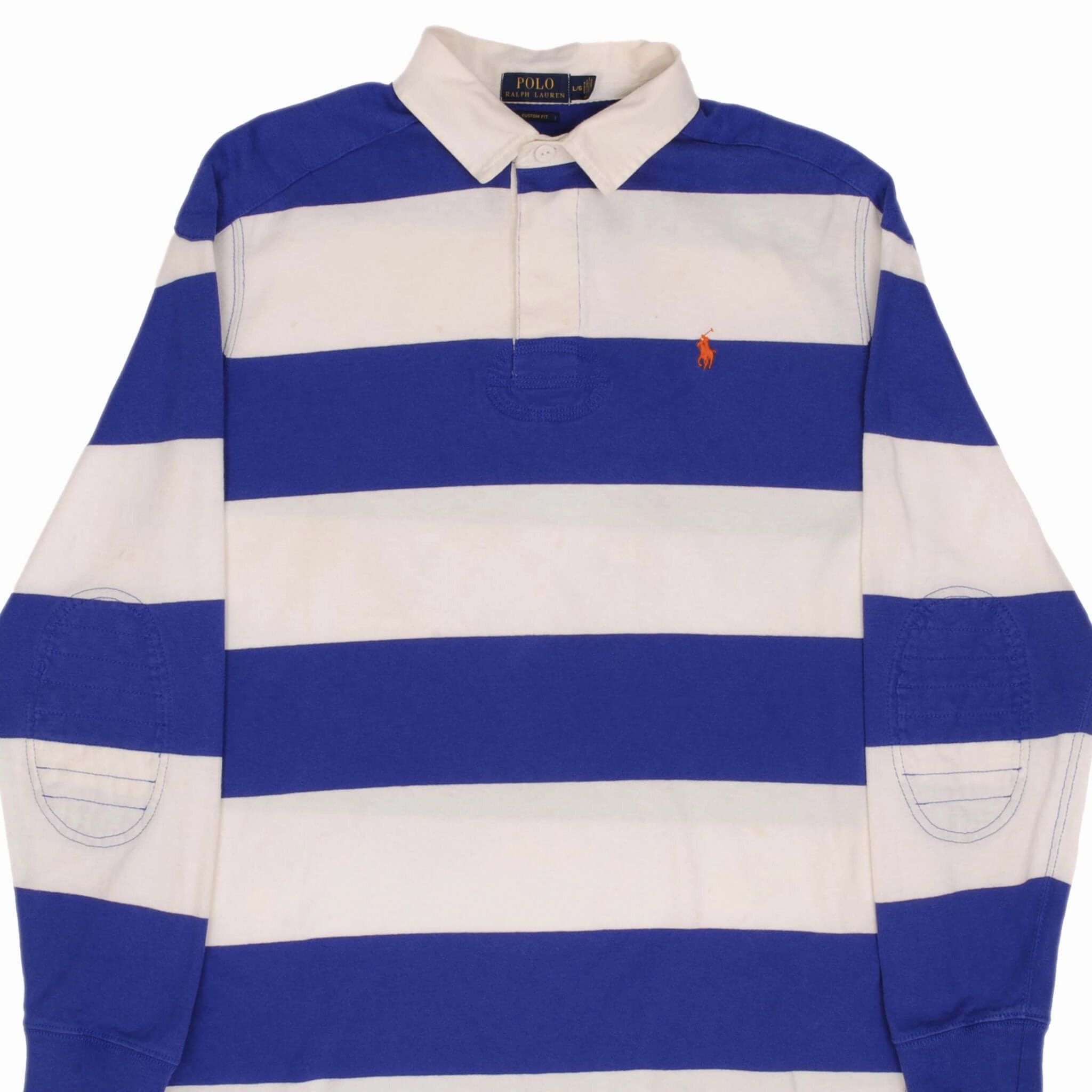 RALPH LAUREN BLUE & WHITE STRIPED RUGBY POLO SHIRT SIZE LARGE appropriate for winter