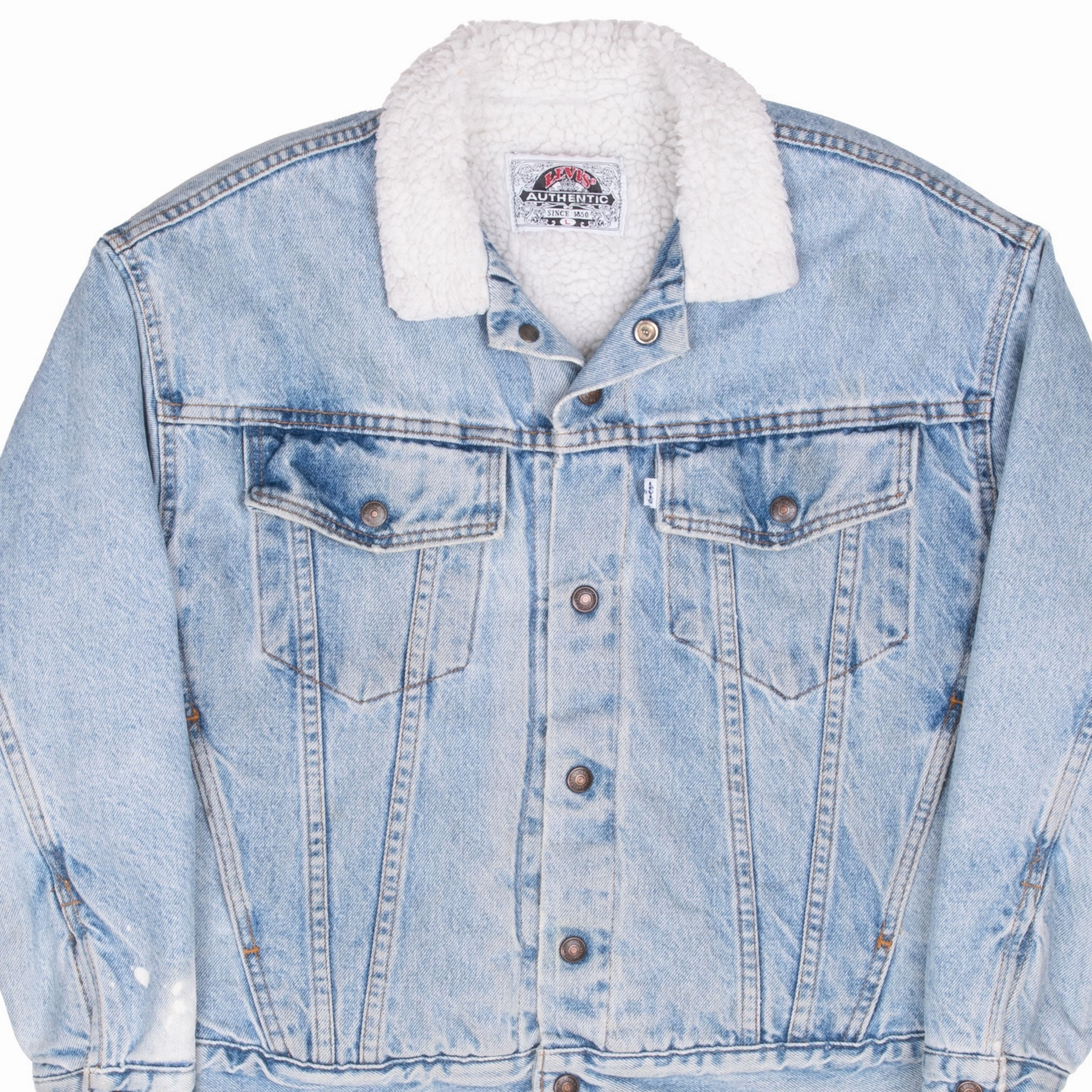 VINTAGE LEVIS SHERPA WHITE TAB TRUCKER BLUE DENIM JACKET 1990S LARGE MADE IN USA Adore Cold Weather Wear