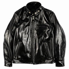 641HH - Racer Black Leather Motorcycle Jacket in Horsehide - Black Compact Packable Design