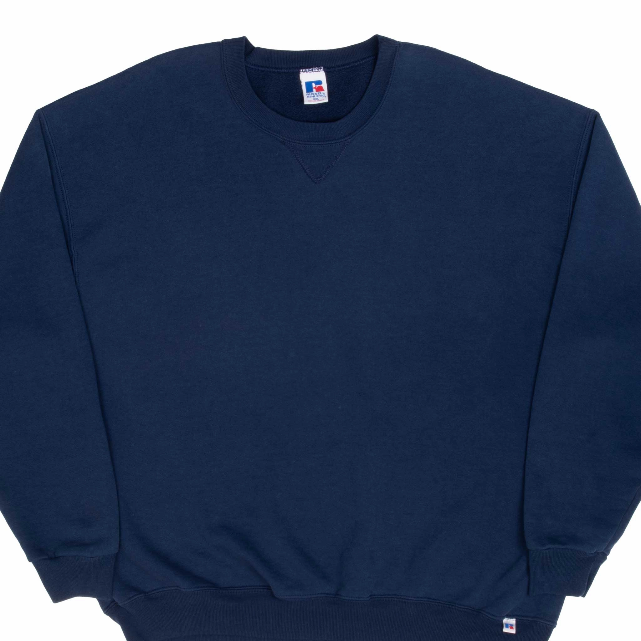 product festival wearability VINTAGE RUSSELL ATHLETIC BLANK NAVY BLUE SWEATSHIRT 1990S 2XL