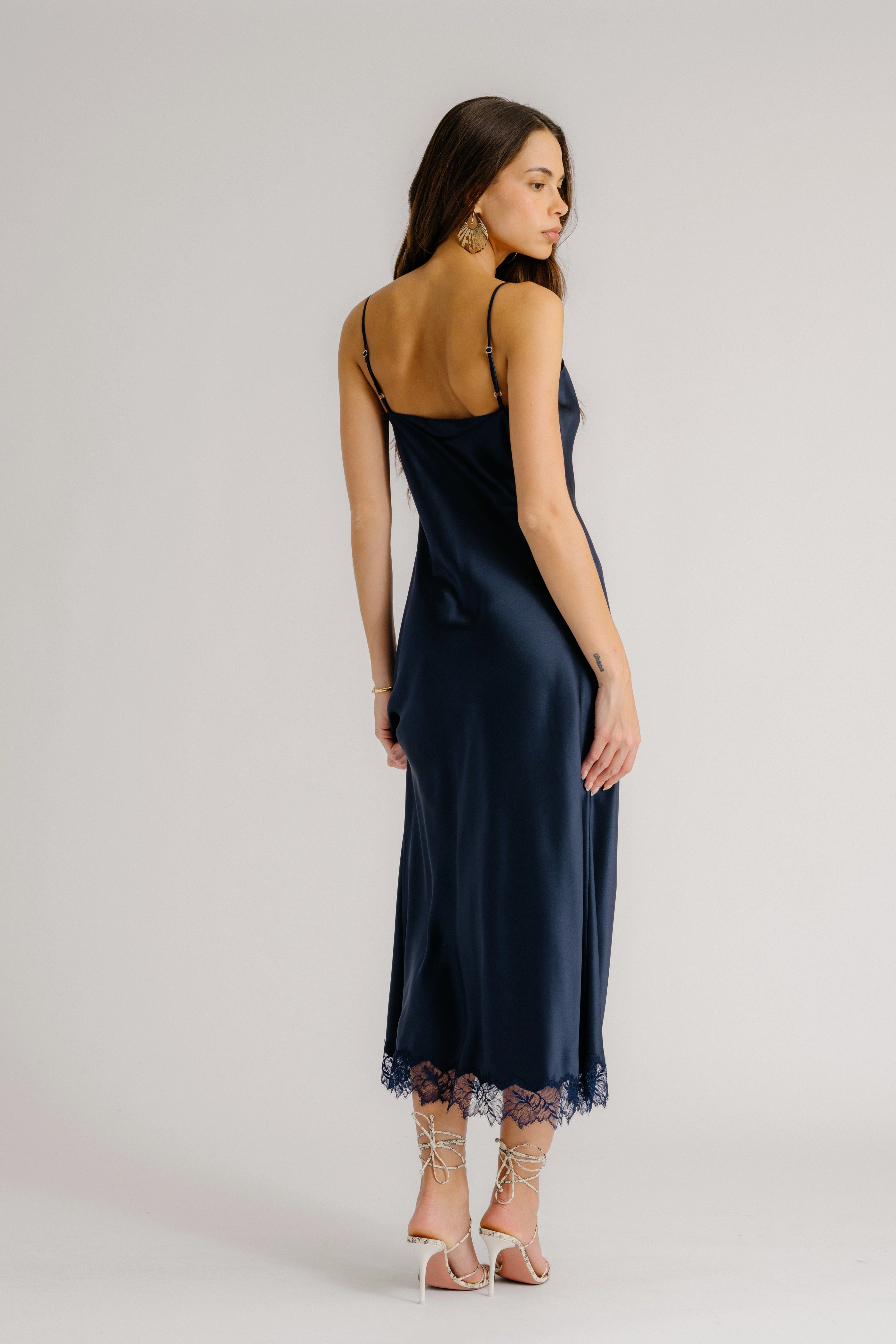 Elegant Detail Sleek Flow TAYLOR V-NECK BIAS CUT SILK DRESS W/ LACE | MIDNIGHT NAVY